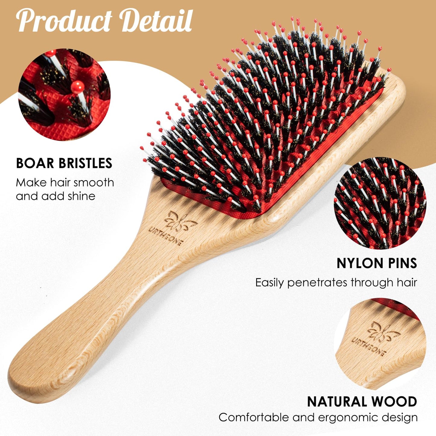 URTHEONE Hair Brush,Boar Bristle Hair Brushes and Hair Comb Set for Women Men Kids, Best Natural Wooden Paddle Hairbrush for Wet or Dry Hair