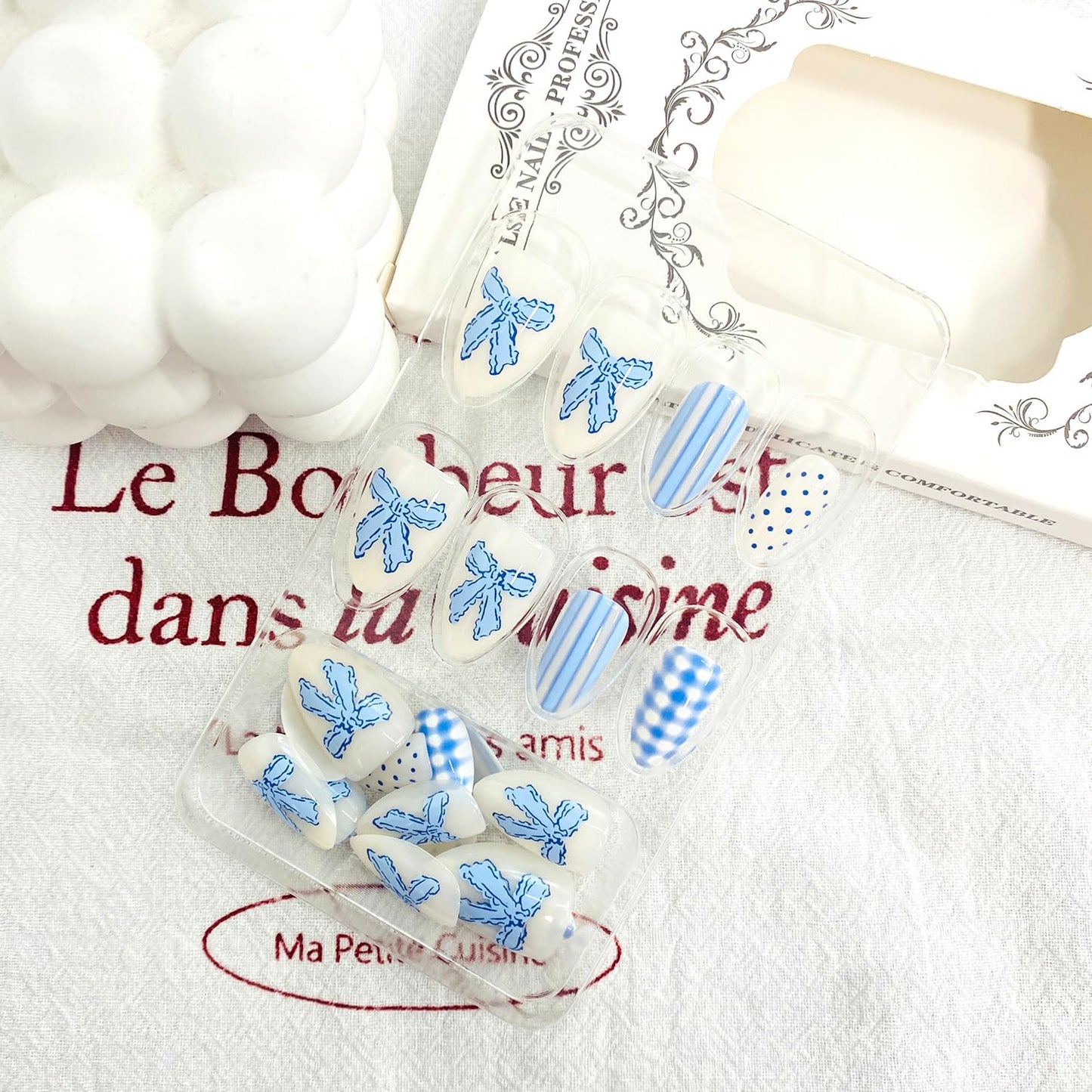 Polka Dot Press-On Nails - Short Almond Acrylic Design with Bow & Plaid Stripes | Blue Summer Reusable Full Cover