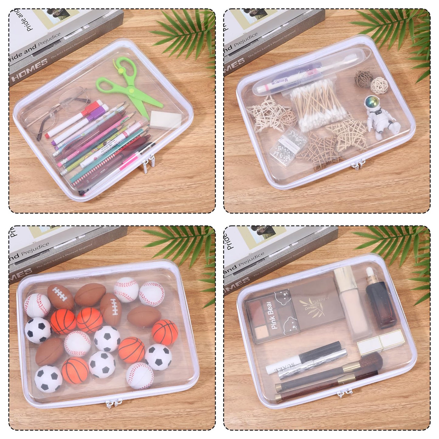 2 Pcs Clear Hard Shell Zipper Case, Portable Clear Zipper Pouches Hard Shell, Waterproof Plastic Transparent Storage Box Set with Double Zips for Cosmetic Stationery Snack Toy Storage Organizer Bins