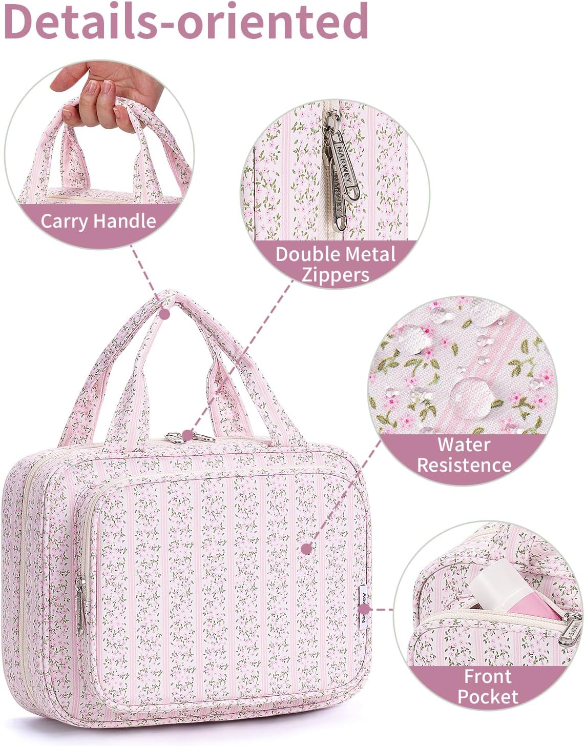 Narwey Hanging Toiletry Bag - Travel Makeup Organizer for Women | Medium Pink Flower Design