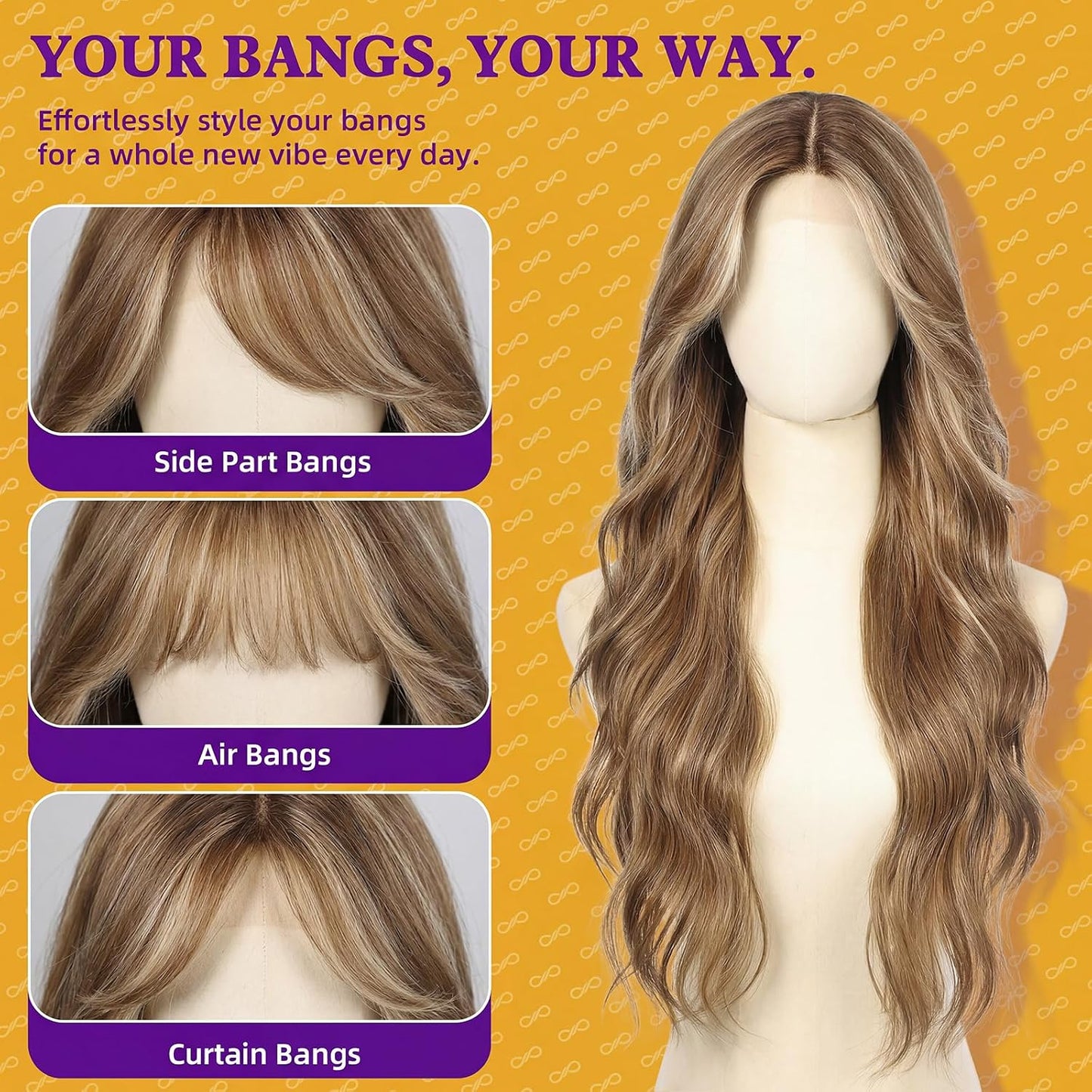KOME Ash Brown Synthetic Lace Front Wig - T Part Glueless Long Body Wavy Style | 28 Inch with Bangs for Women