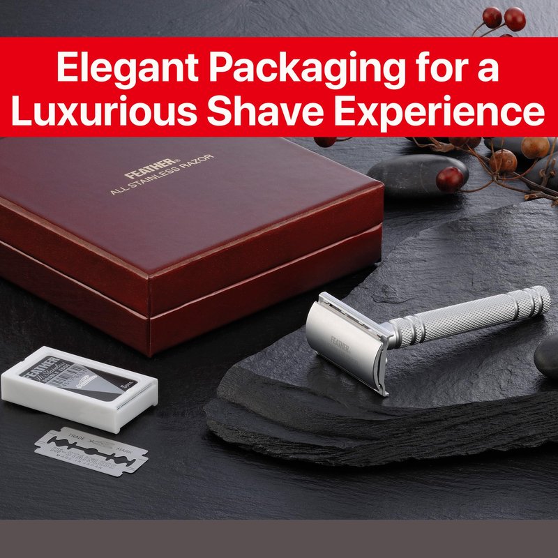 Feather - All Stainless Steel Double Edge Safety Razor AS-D2 - Luxurious Single Blade Razor for Men with Heavy Weight Handle - Built for Closer Shave - Includes 5 Hi-Stainless Blades - Made in Japan