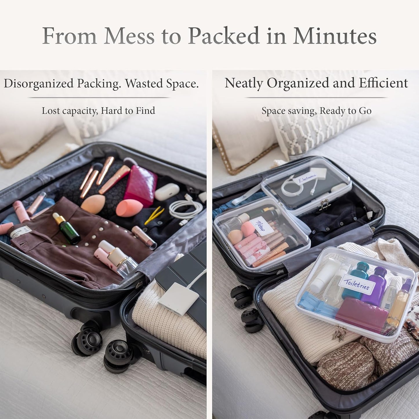 Clear Hard Shell Zipper Case Set - 3 Large Travel Organizers, 120s Thick PET Plastic, Dual Zippers & Charms | Removable Straps & Labels