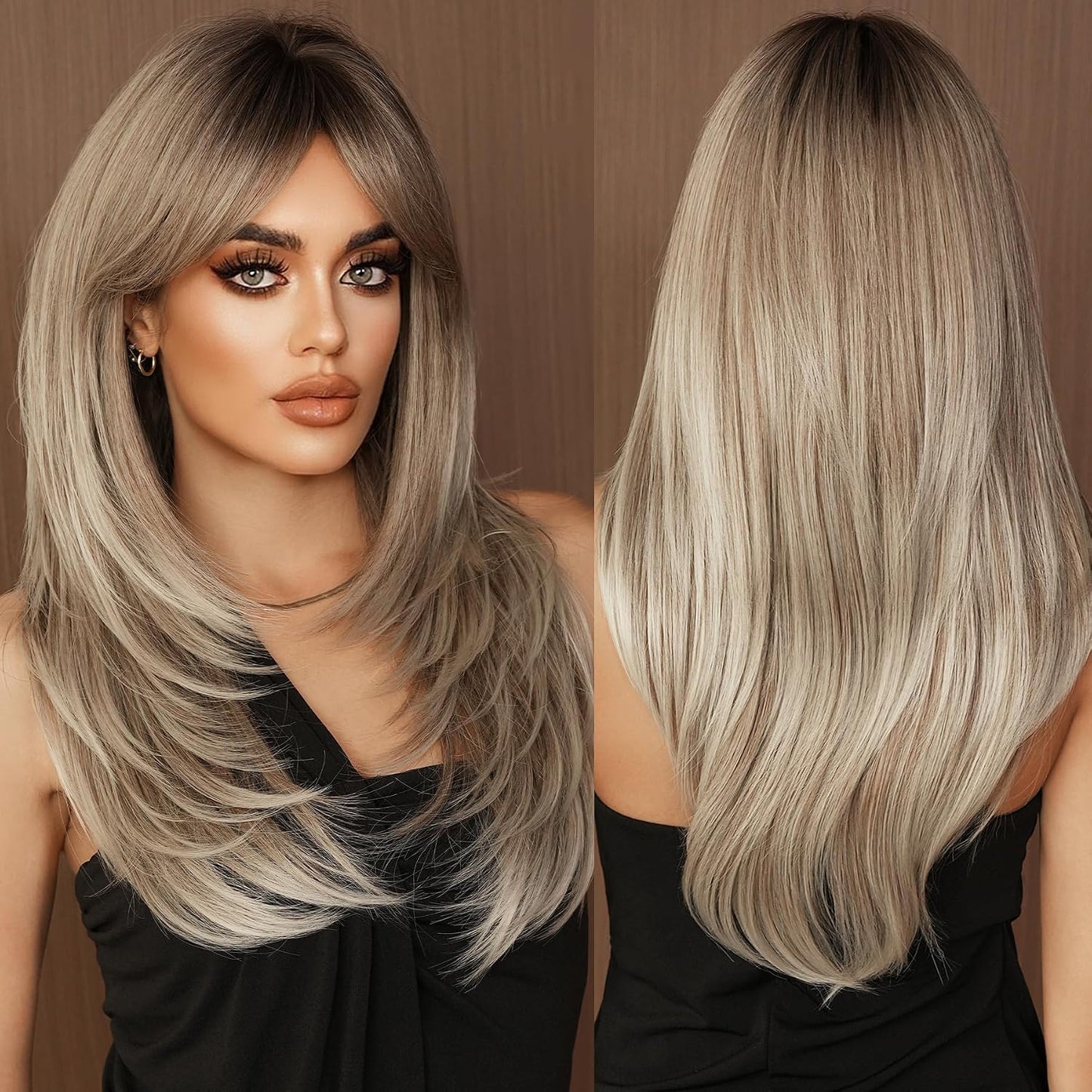 Long Natural Black Wig with Bangs - Heat Resistant Synthetic Hair for Daily Wear