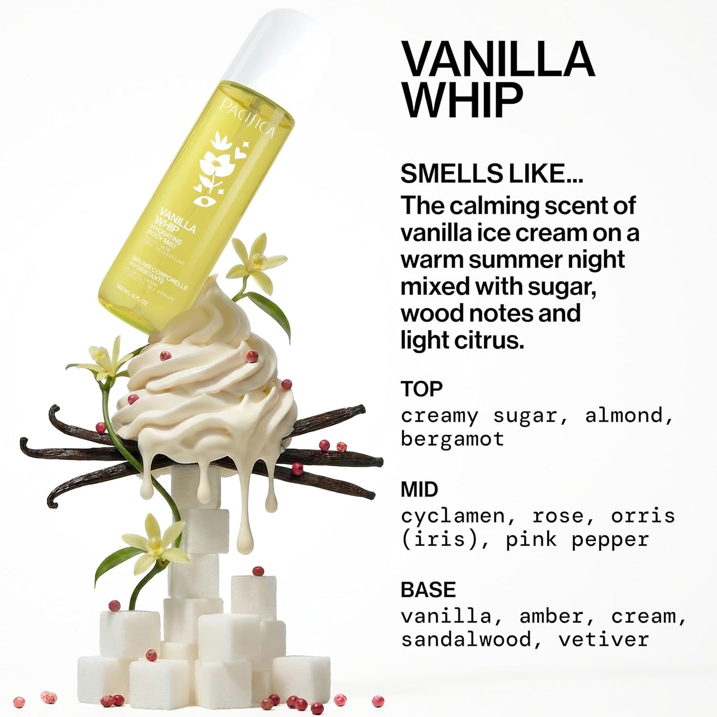 Pacifica Vanilla Whip Body Mist - Sweet Gourmand Hair & Body Fragrance Spray | Hydrating, Odor Neutralizing | Vegan 5oz