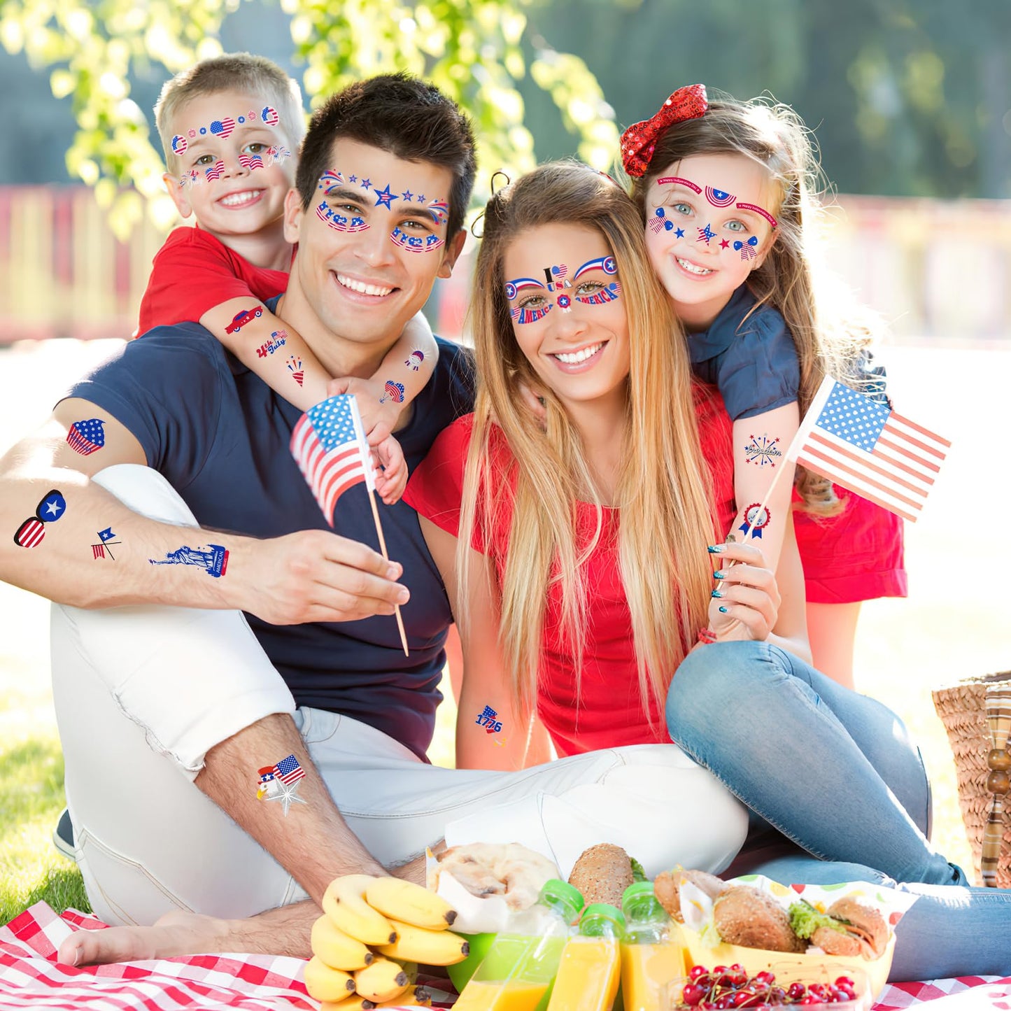 HOWAF 4th of July Temporary Tattoos-5 Sheets Glow Independence Day Face Tattoo 50+pcs Giltter USA Patriotic Tattoos Stickers, American Flag Red White Blue Tattoos Stickers for Face Body Decor