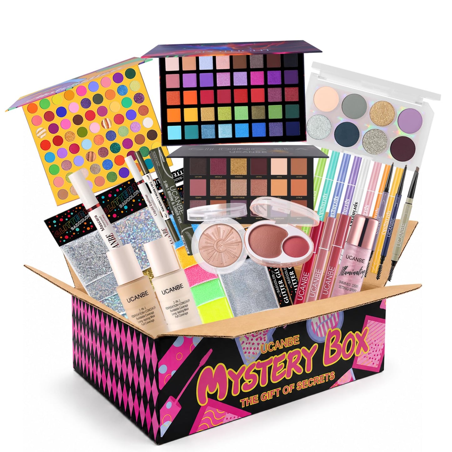 UCANBE Makeup Set Box, Assorted Makeup & Cosmetics Gift Box Worth $100, Beauty Set with Eyeshadow Palettes, Face Makeup, Glitter, Lip Products, Eye Makeup for Women