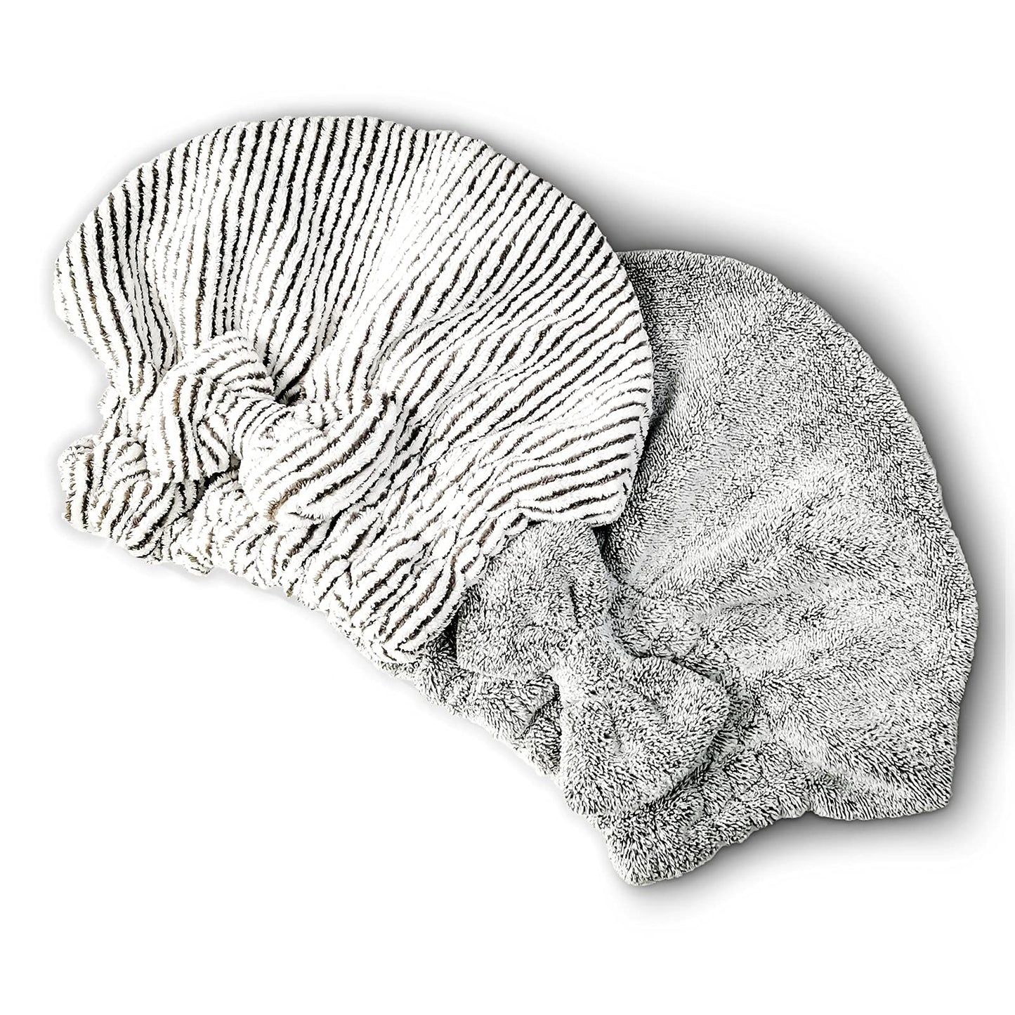 SportMore Microfiber Hair Towel Wrap, Soft Absorbent & Quick Drying Cap Set for Curly Thick Hair, Women & Girls - 2 Pcs (Stripe & Gray)