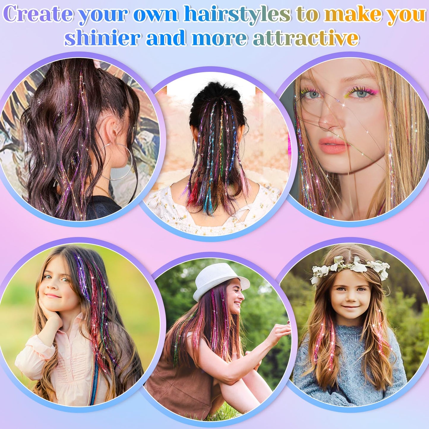 20 Colors Fairy Hair Tinsel Kit 4000 Glitter Strands 48Inch Heat Resistant Tinsel Hair Extensions Sparkling Shiny Highlights Hairs Tinsels with Tools for Christmas Halloween New Year Cosplay Party