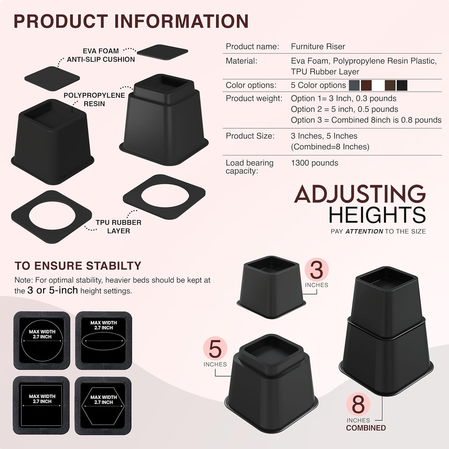 Utopia Bedding Bed Risers - Adjustable 3 & 5 Inch Furniture Lift for Under Bed Storage | Supports Up to 1,300 lbs (4 Set, Black)