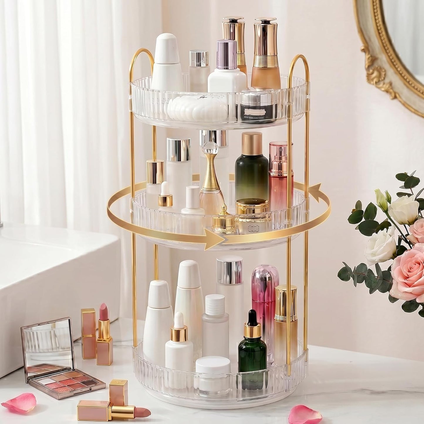 Rotating Makeup Organizer - 3 Tier Clear Cosmetic Holder for Vanity | Grey Perfume & Skincare Storage