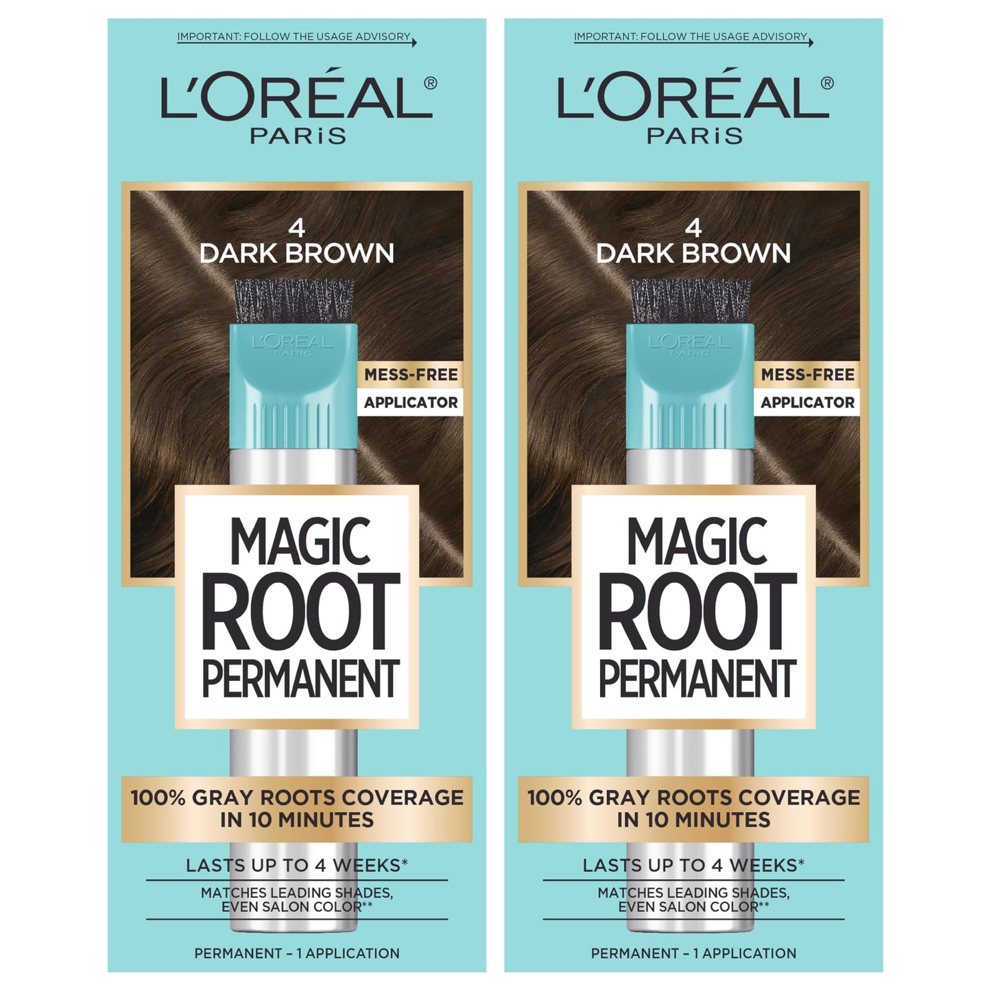 L'Oreal Paris Magic Root Permanent Hair Color Kit, 100% Gray Hair Coverage In Just 10 Minutes, Precision Brush Applicator for Seamless Application, 4 Dark Brown (2 Count)