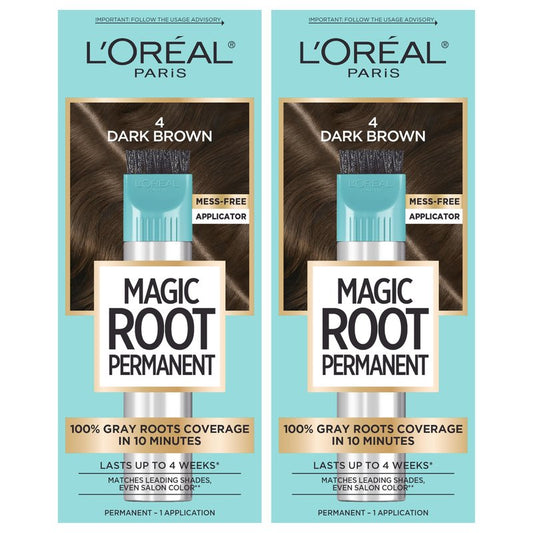 L'Oreal Paris Magic Root Permanent Hair Color Kit, 100% Gray Hair Coverage In Just 10 Minutes, Precision Brush Applicator for Seamless Application, 4 Dark Brown (2 Count)
