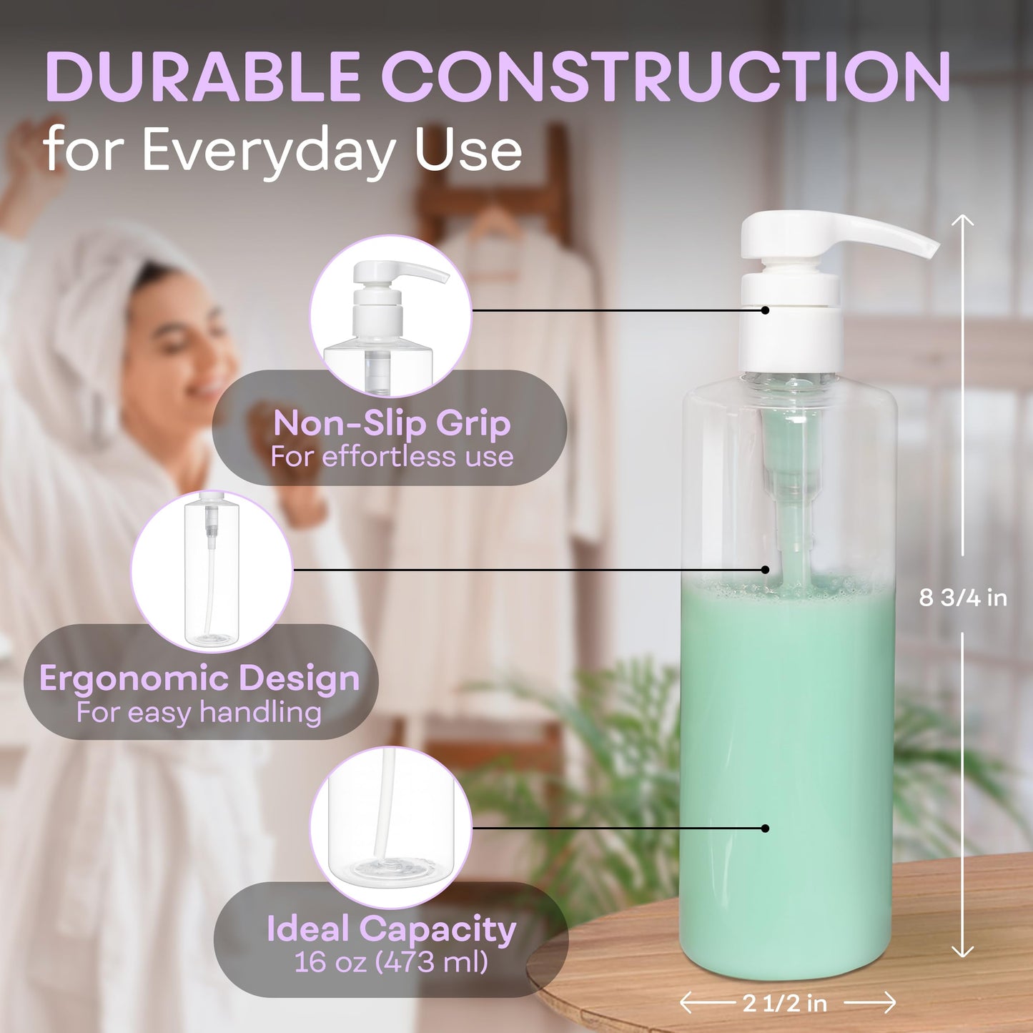 BRIGHTFROM Empty Lotion Pump Bottles 16 OZ, BPA-Free Refillable Containers, Plastic PET, Great for - Soap, Shampoo, Lotions, Liquid Body Soap, Creams and Massage Oil's, 2 Pack (White Pump)