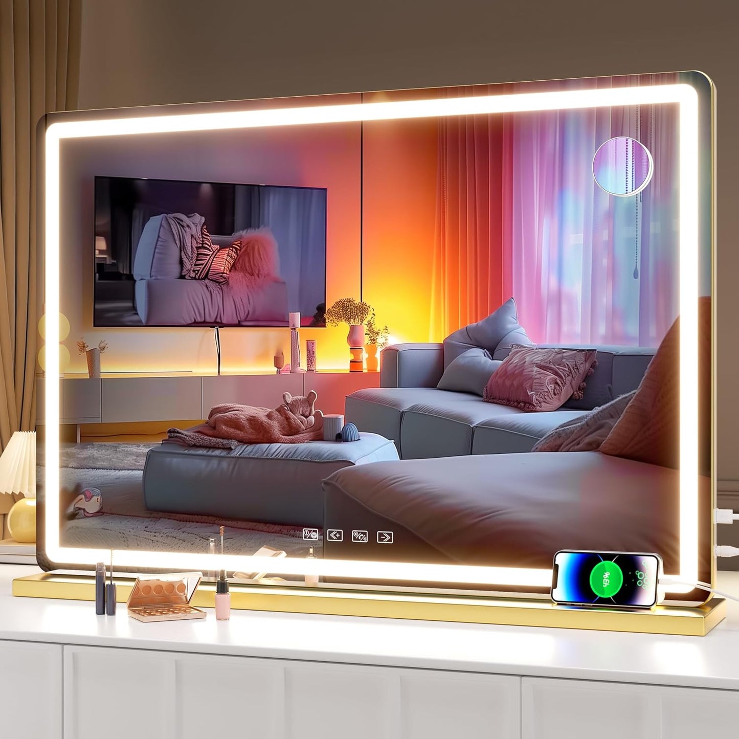 LED Makeup Mirror with Lights - 31.5" x 22" Dimmable Touch Screen Vanity Mirror | Round Black Design