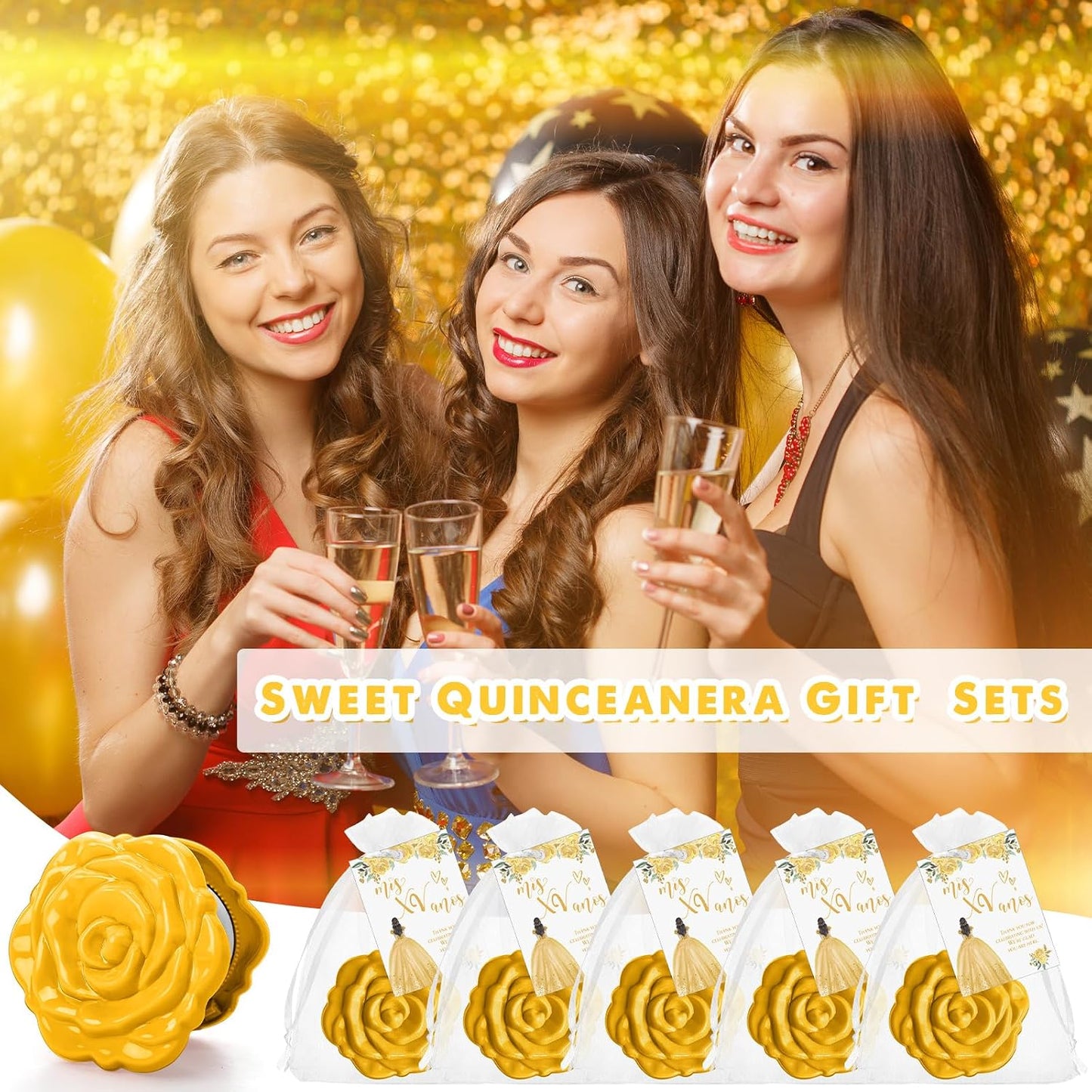 Quinceanera Party Favors - 50 Sets Rose Design Compact Pocket Mirrors & Thank You Cards | Gold Organza Bags
