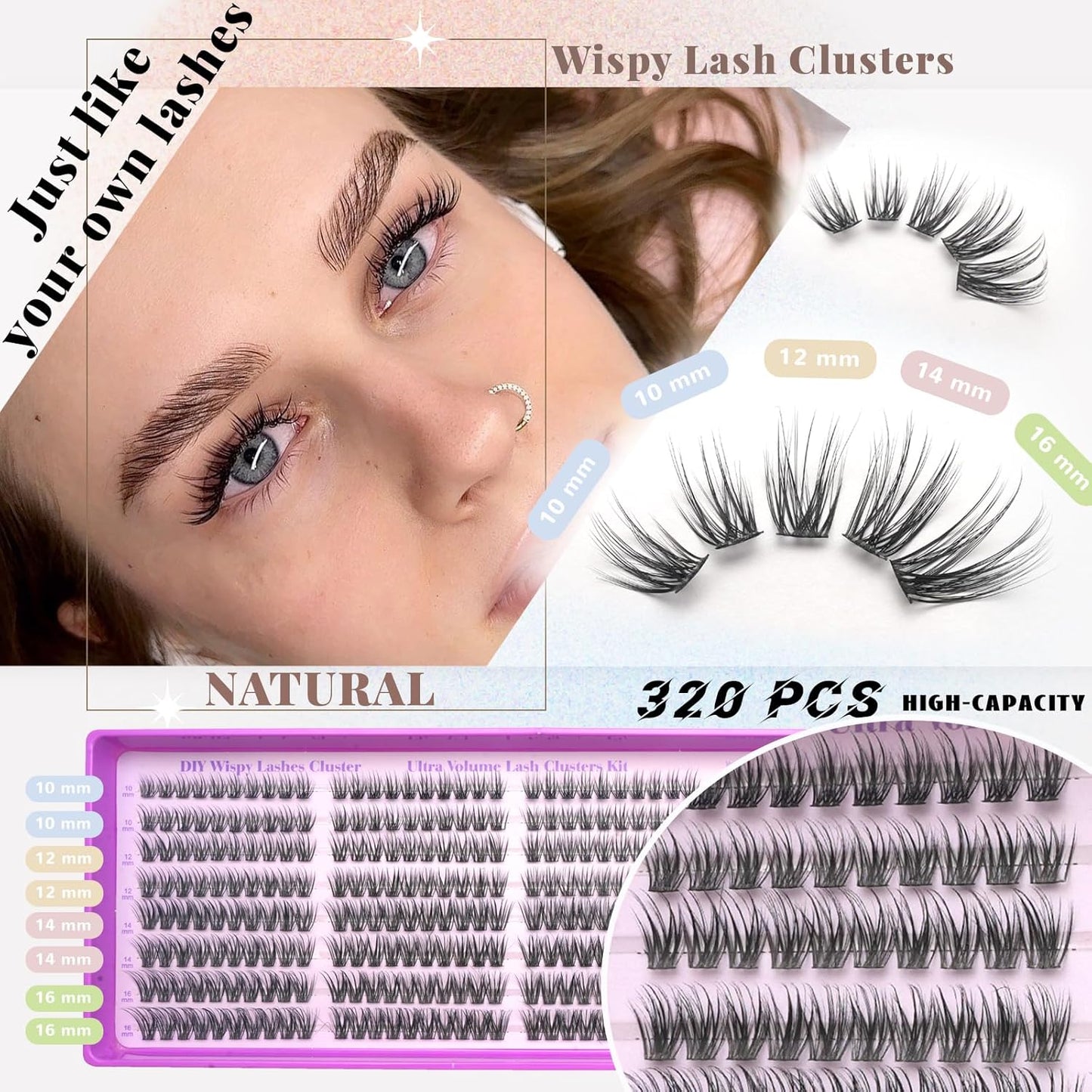 Natural Lash Cluster Eyelash Extensions Kit - 320 Pcs C Curl 10-16mm Fluffy Individual Lashes | DIY for Beginners