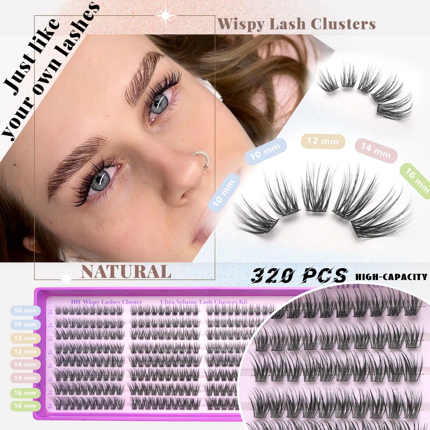 Wispy Lash Clusters Kit, Natural Lash Cluster Eyelash Extensions 320 Pcs C Curl 10-16mm Individual Fluffy False Eyelashes Thin Band DIY Kit for Beginners at Home with Bond Seal Tweezers Brush