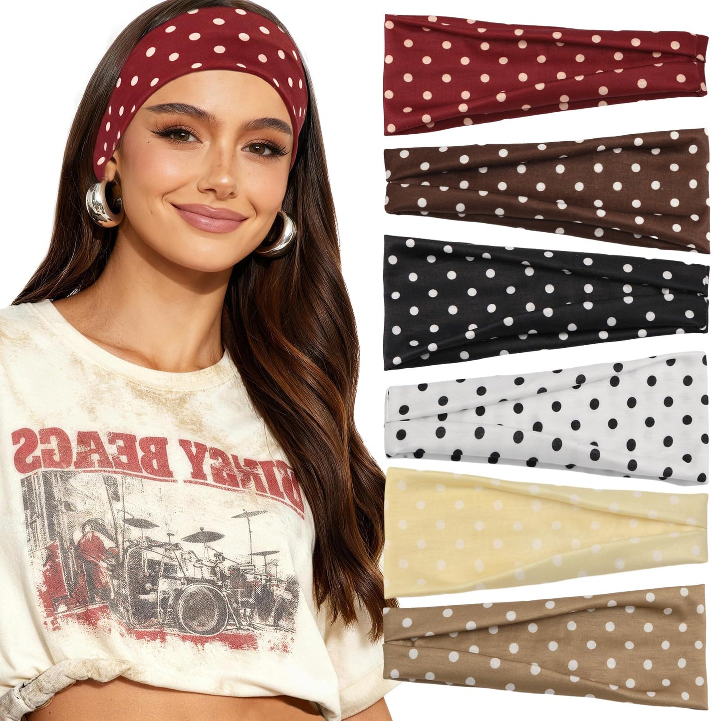 Tiefebene 6 Pack Polka Dot Headband for Women - Non Slip Elastic Floral Hairbands, Soft Fabric Hair Bands for Yoga Workouts, Breathable Head Bands for Hairstyles & Outfits