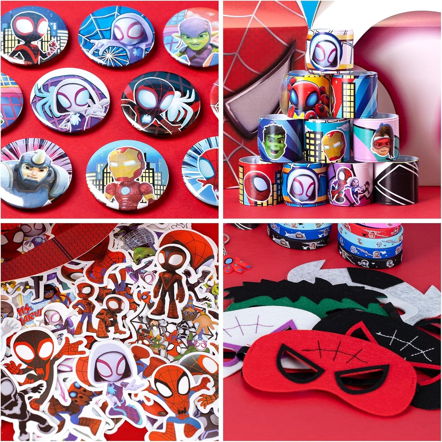 Spidey Party Favors - 110 Pcs Spider-Man Themed Supplies | Straws, Pins, Key Chains, Masks & More