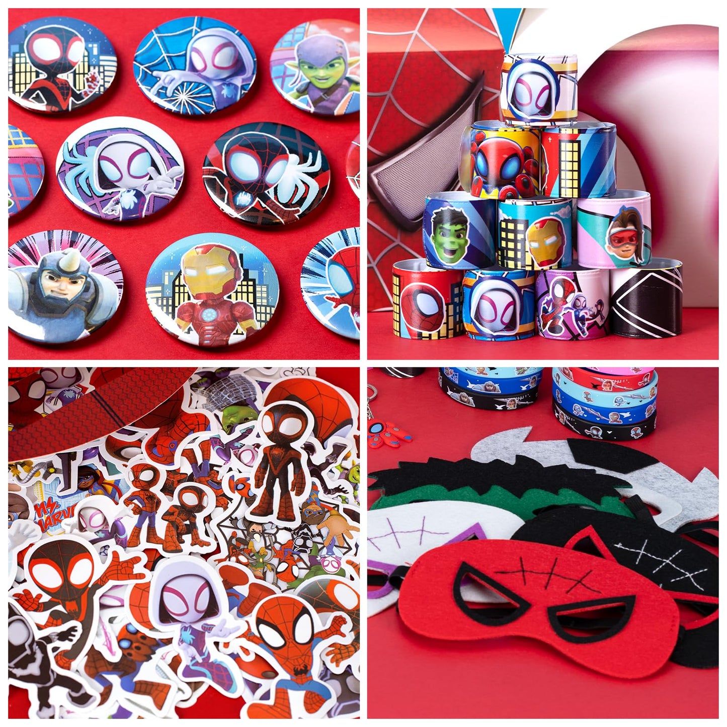 TLTSDWQ Spidey Party Favors,110Pcs Party Supplies,Include 10 Straws,10 Button Pins,10 Key Chains,10 Masks,10 Gift Bags,10 Wrists and 50 Stickers