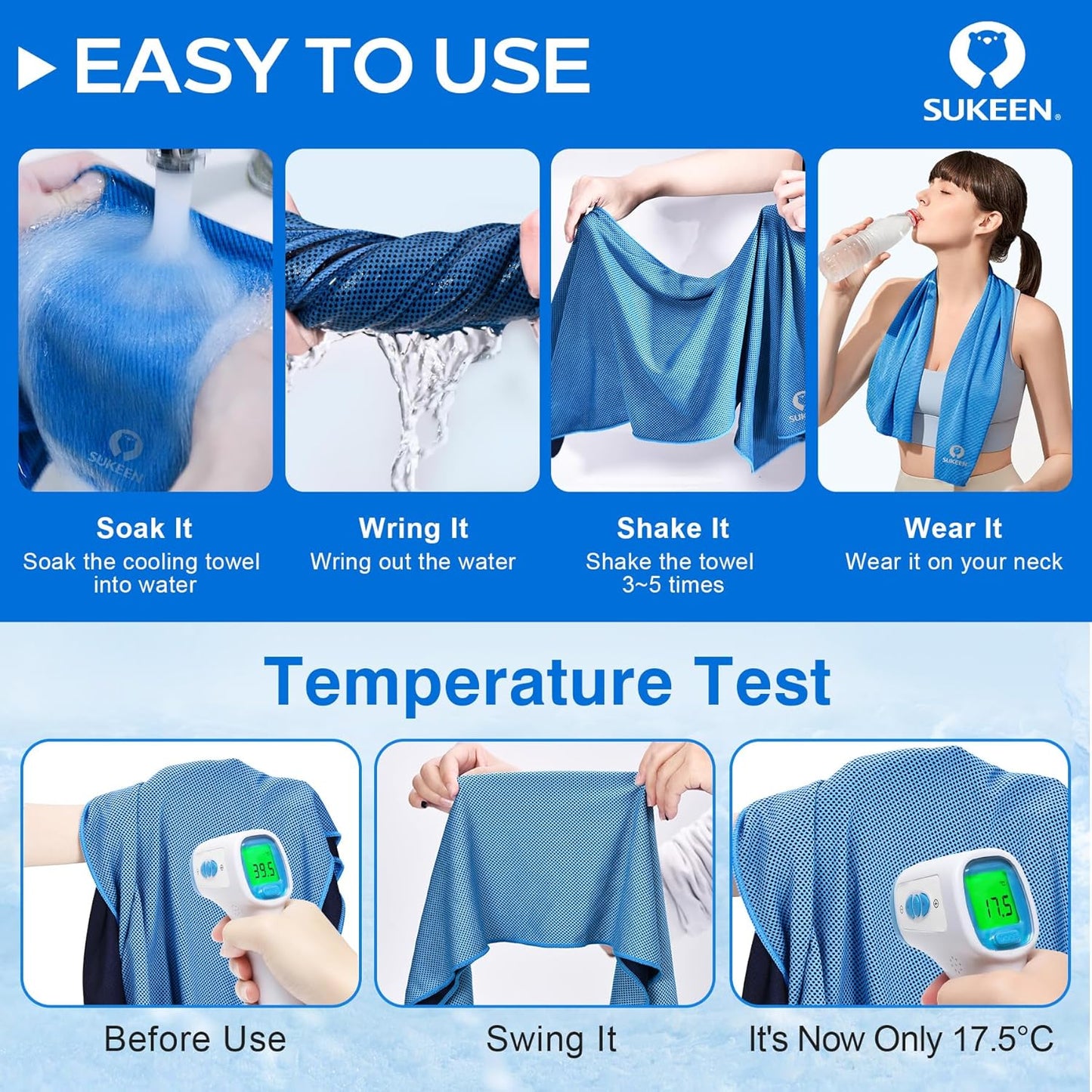 Sukeen Cooling Towels - 4 Pack Microfiber Ice Towels for Yoga, Sports, Gym | 40"x12" Soft & Breathable