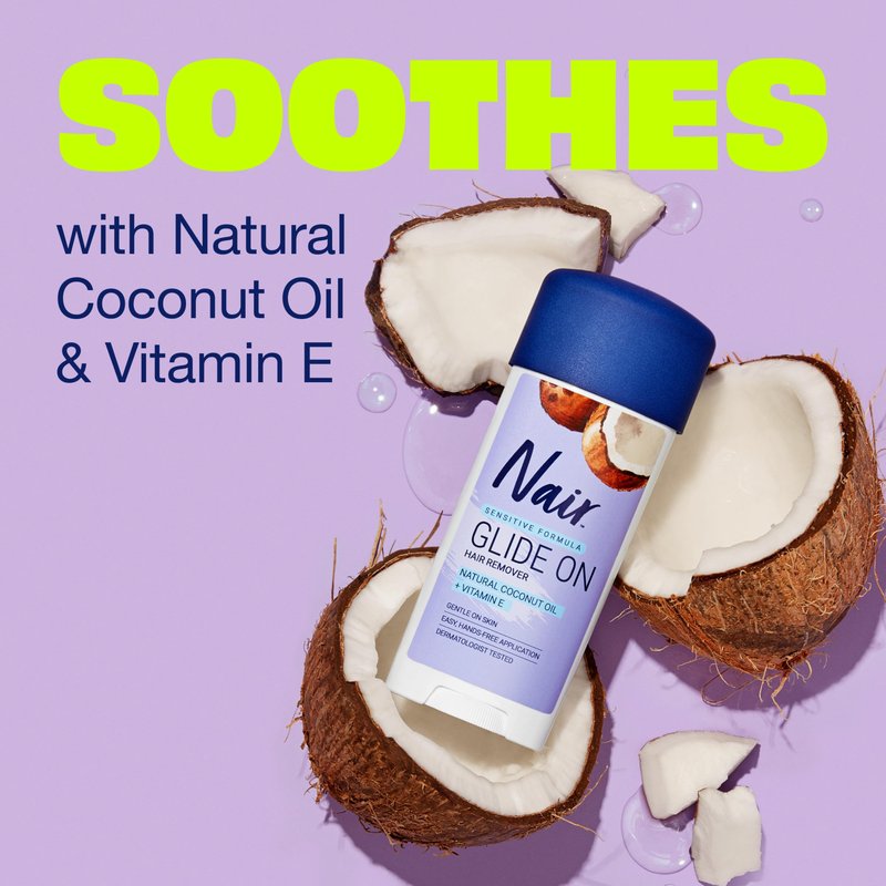 Nair Sensitive Formula Glide On, Hands-Free Applicator Hair Removal Cream with Coconut Oil and Vitamin E for Body, 3.3 oz 