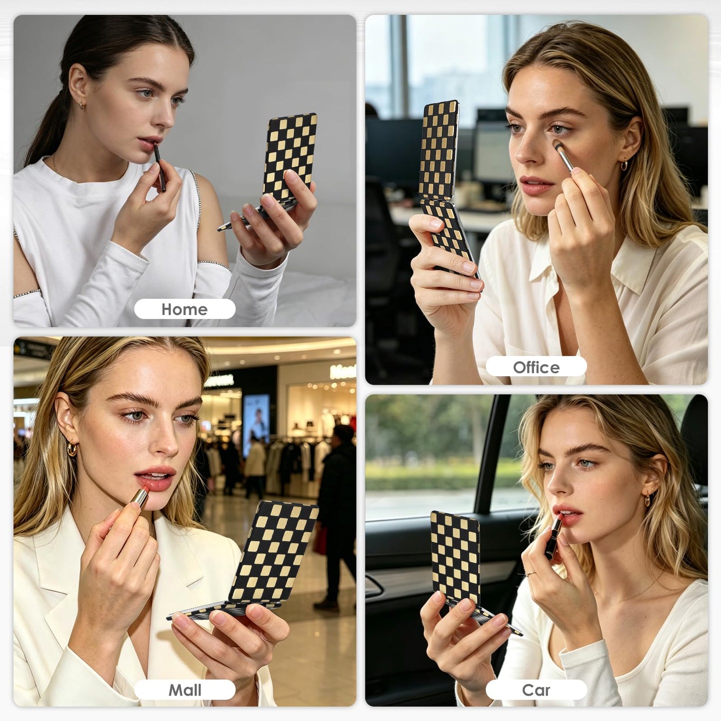 Tavonis Compact Mirror，Unique Contrasting Neon-Toned Checkered Travel Mirror，Pocket Mirror for Women