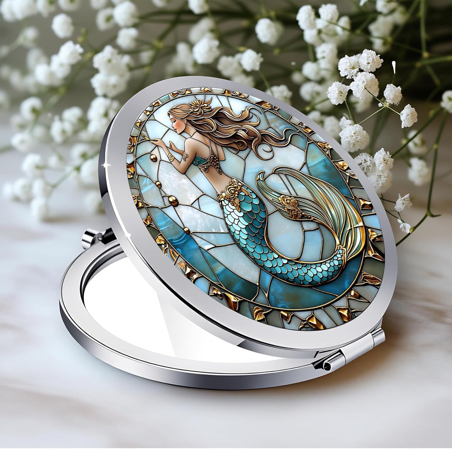 Double-Sided Silver Compact Mirror - 2.8x2.8 Inch Mermaid Design | Perfect Gift for Women