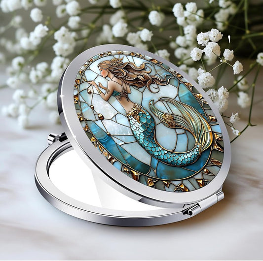 Double-Sided Silver Compact Mirror - 2.8x2.8 Inch Mermaid Design | Perfect Gift for Women