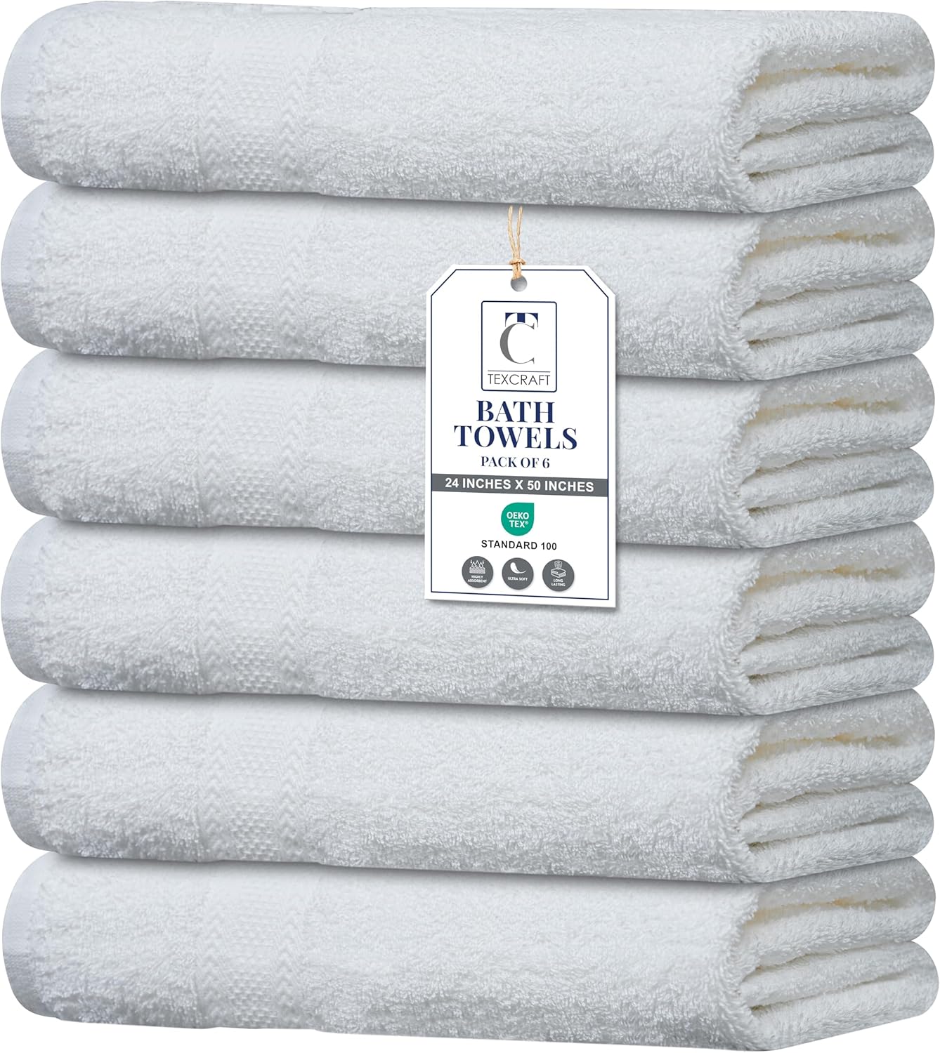 Large Bath Towels Set of 6 - 100% Cotton Terry, Quick Dry & Soft - 24" x 50", Grey for Bathroom, Gym & Spa