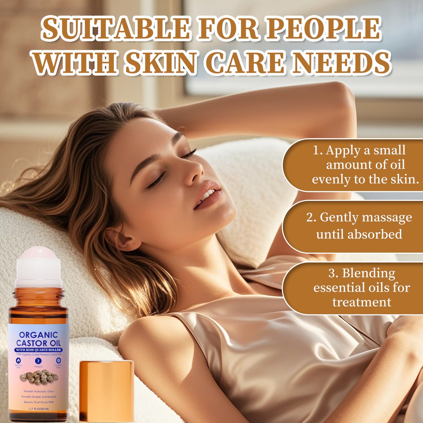 WXZTC 2 Pack x 1.7 floz, Organic Castor Oil Rose Quartz Roller Ball, 100% Pure Cold-Pressed, Deep Moisturizing for Skin, Hair, Eyelashes & Eyebrows