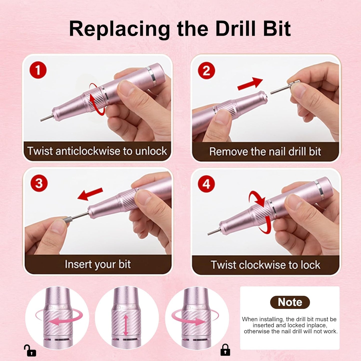 Cordless Electric Nail Drill - Professional Rechargeable Nail File Machine for Acrylic & Gel Polish | Portable Pink Manicure Kit