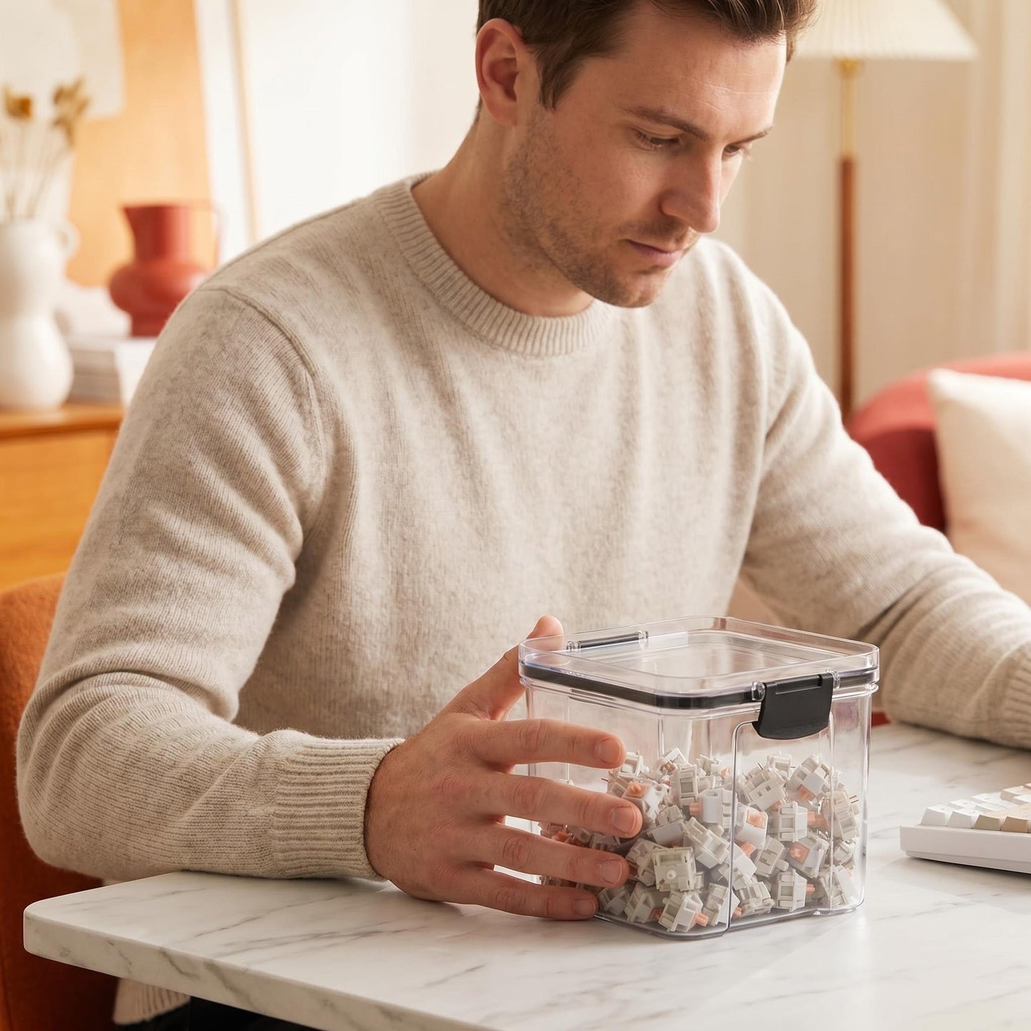 1 Pcs Clear Canisters with Airtight Lids, Square Dry Goods Storage Containers for Pantry, Mechanical Keyboard Switch Storage Box and Keycap Jar, Stackable Kitchen Food Storage Case, 700ml