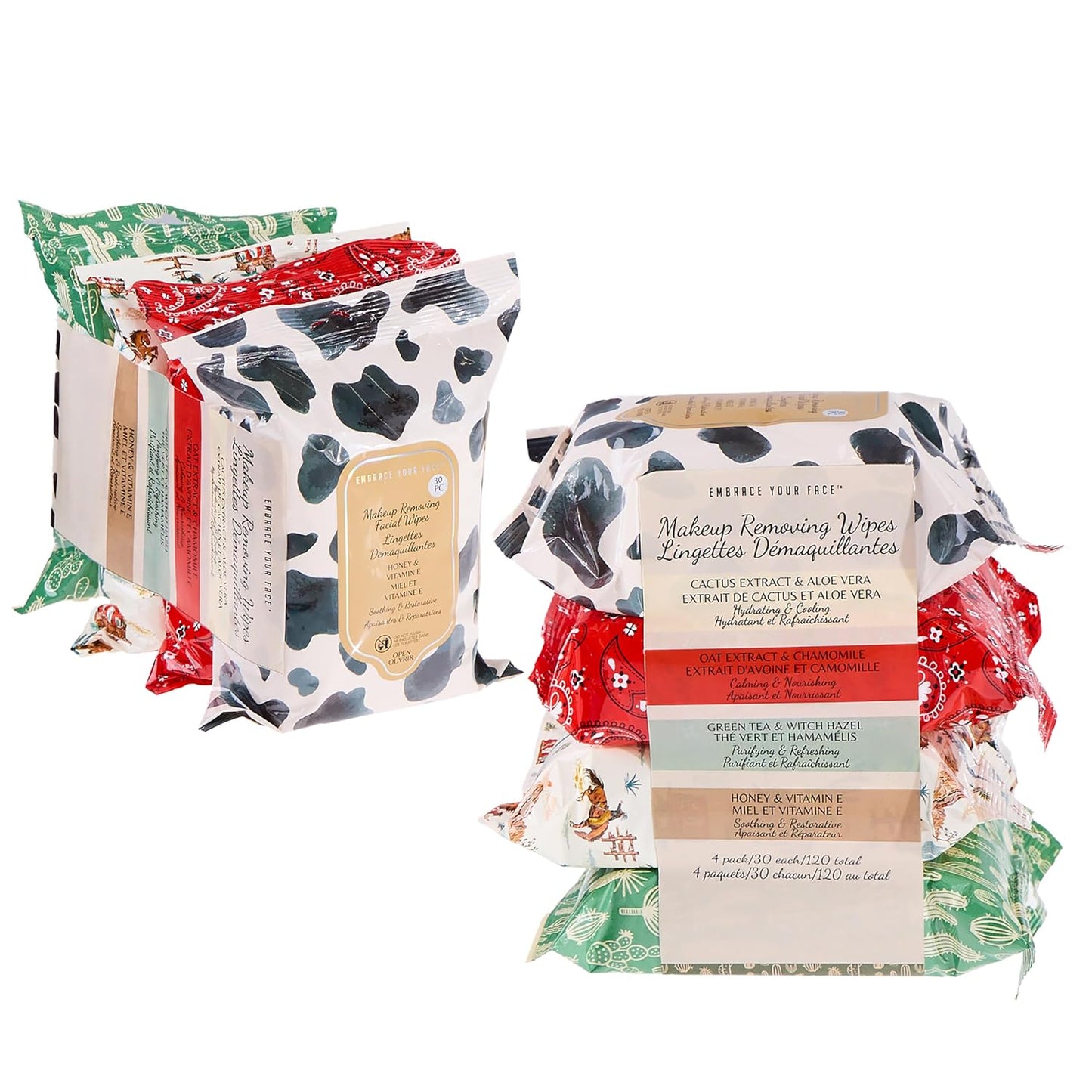 Makeup Removal Wipes - 120pc Variety Set with Hyaluronic Acid, Collagen & Rose Water | 4-Pack Cleansing Towelettes