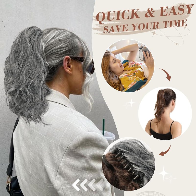 Claw Clip Ponytail Extensions - 14 Inch Wavy Gray Synthetic Hairpiece | Black & Gray Mix