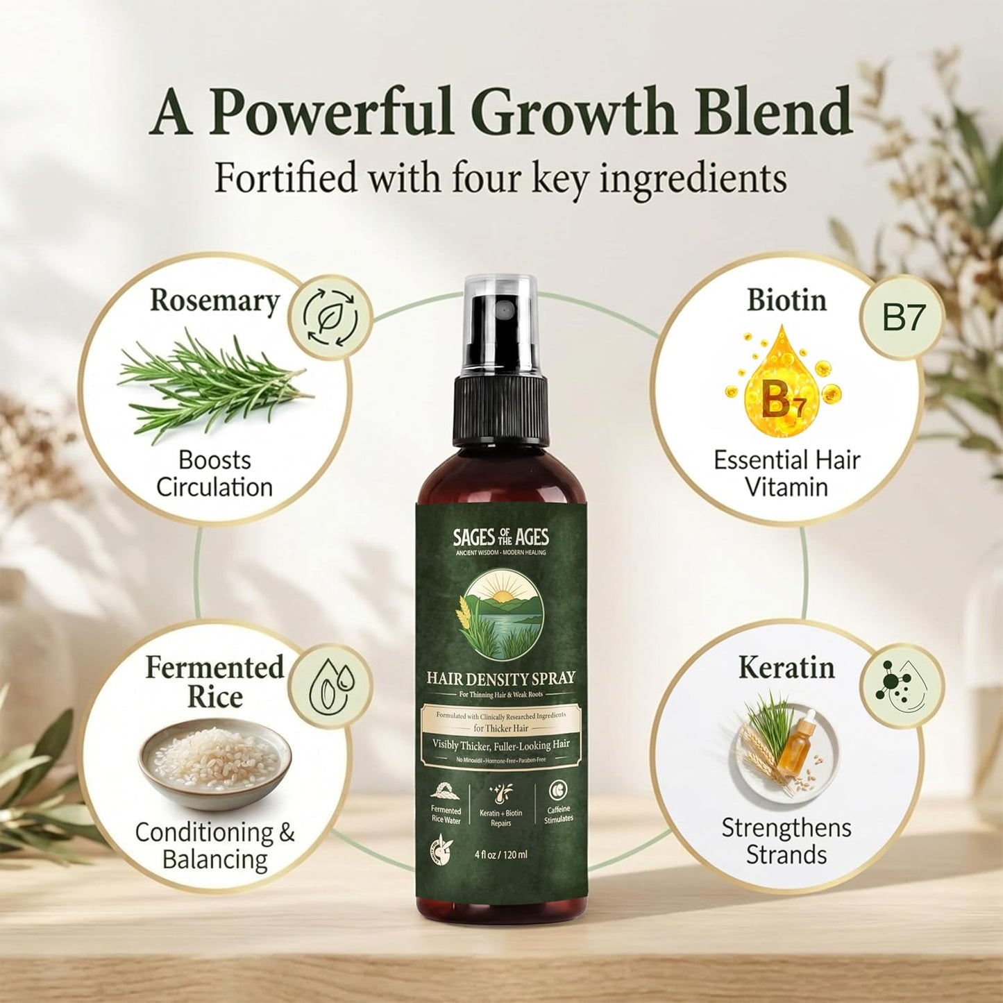 Fermented Rice Water Hair Growth Spray - Strengthening Leave-In Mist with Rosemary & Biotin | 4oz Hydrating Formula for Thinning Hair
