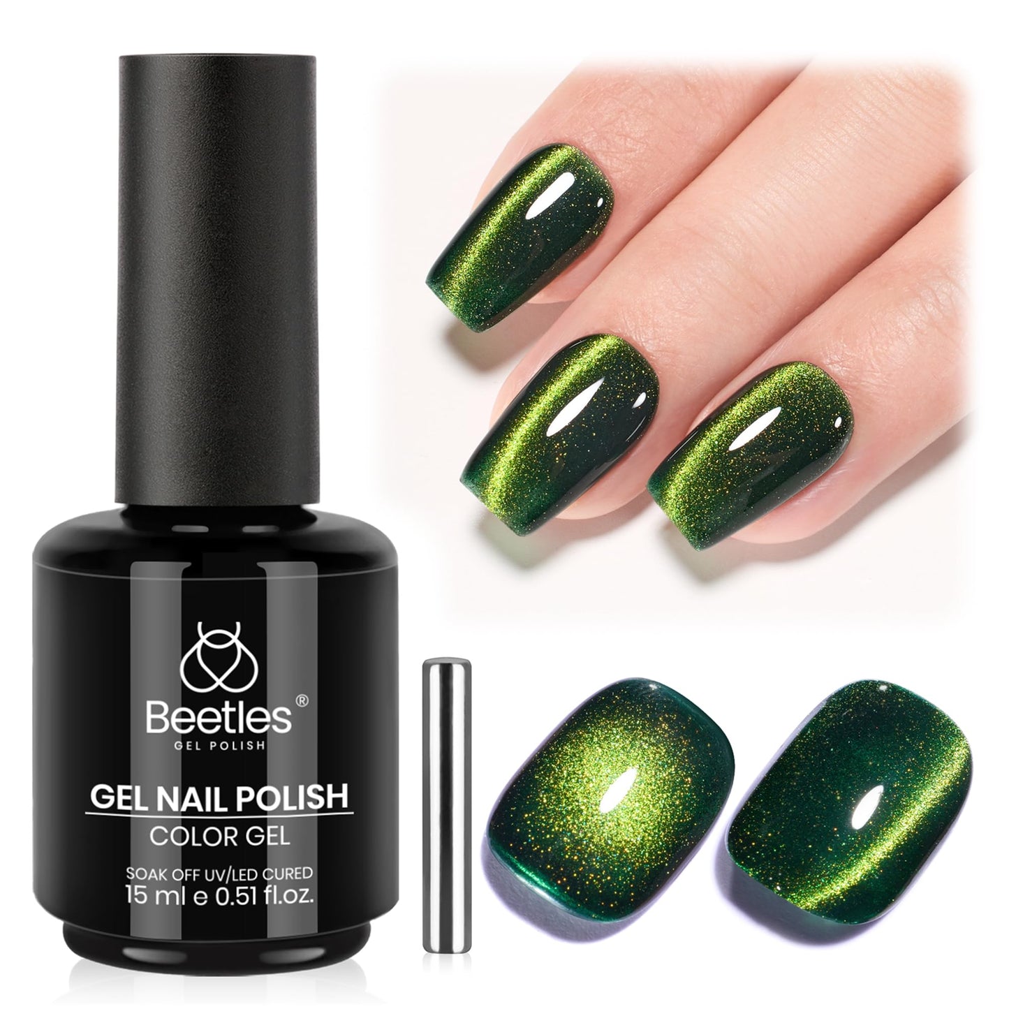 Beetles Forest Flame Green Cat Eye Gel Nail Polish - 15ML Green Cat Eye Gel Polish Glitter Magnetic Translucent Glassy Effect Soak Off UV French Nail Art DIY Manicure Gifts for Women