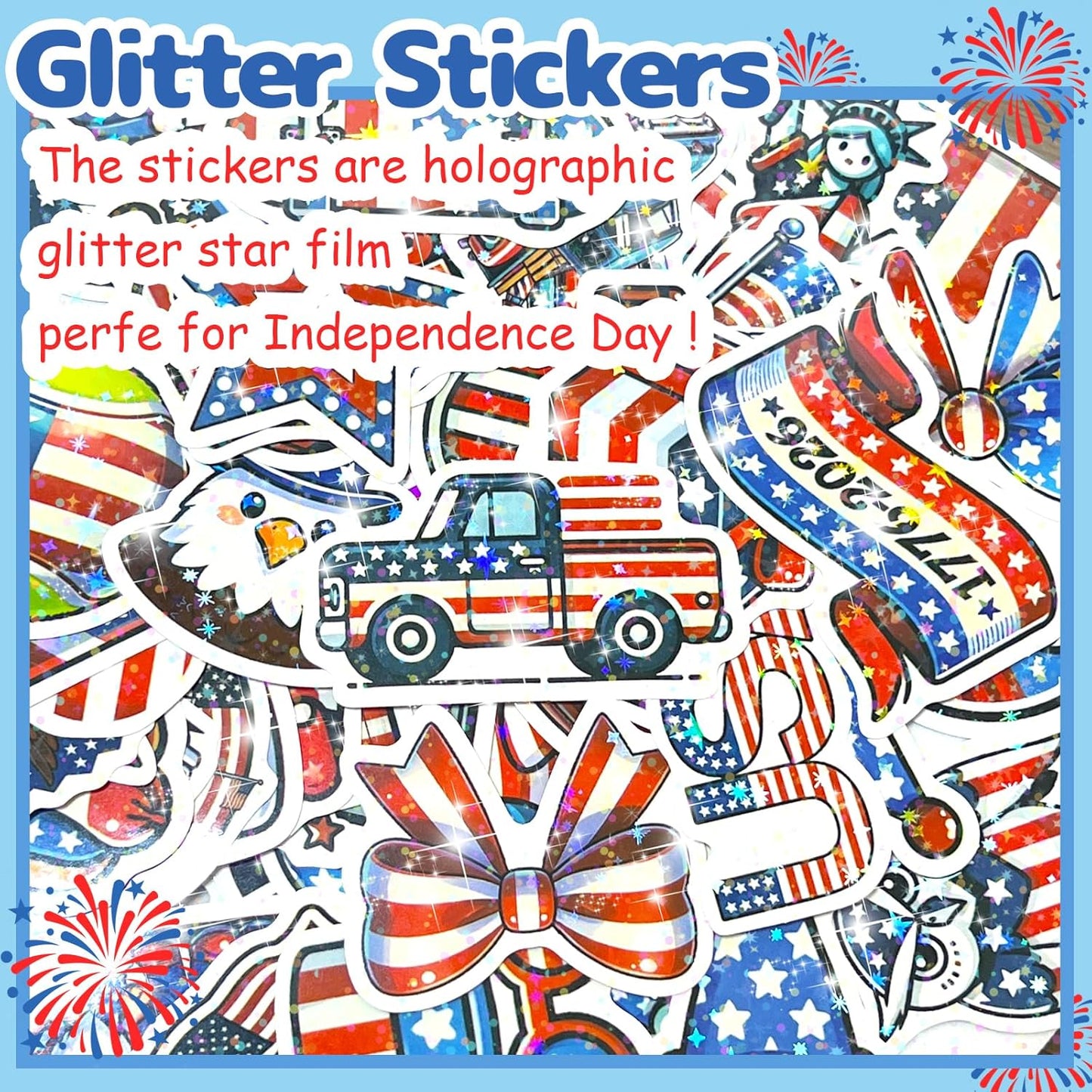 4th of July Waterproof Vinyl Glitter Stickers - Patriotic Holographic Decorations for Water Bottles, Laptops & More | 100 Pcs