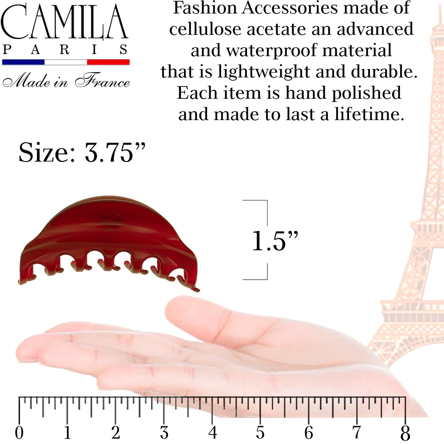 Camila Paris CP2529 French Hair Claw Clip for Women, Red Jaw Clip for Thick Long Curly Wavy Hair, Girls Hair Claw Clips, Strong Hold No Slip Grip, Made in France