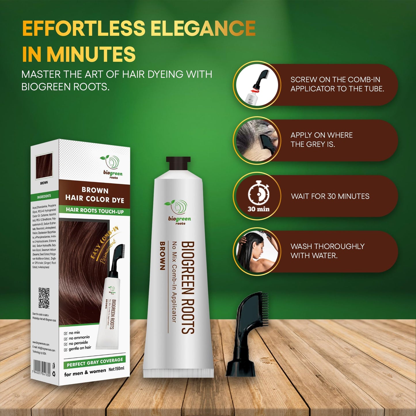 Biogreen Roots Ammonia-Free & Paraben Free Herbal Hair Dye for Women & Men– Gray Coverage with Natural Extracts – Nourishing Brown Hair Dye for Healthy Hair – Brown (150 ml)