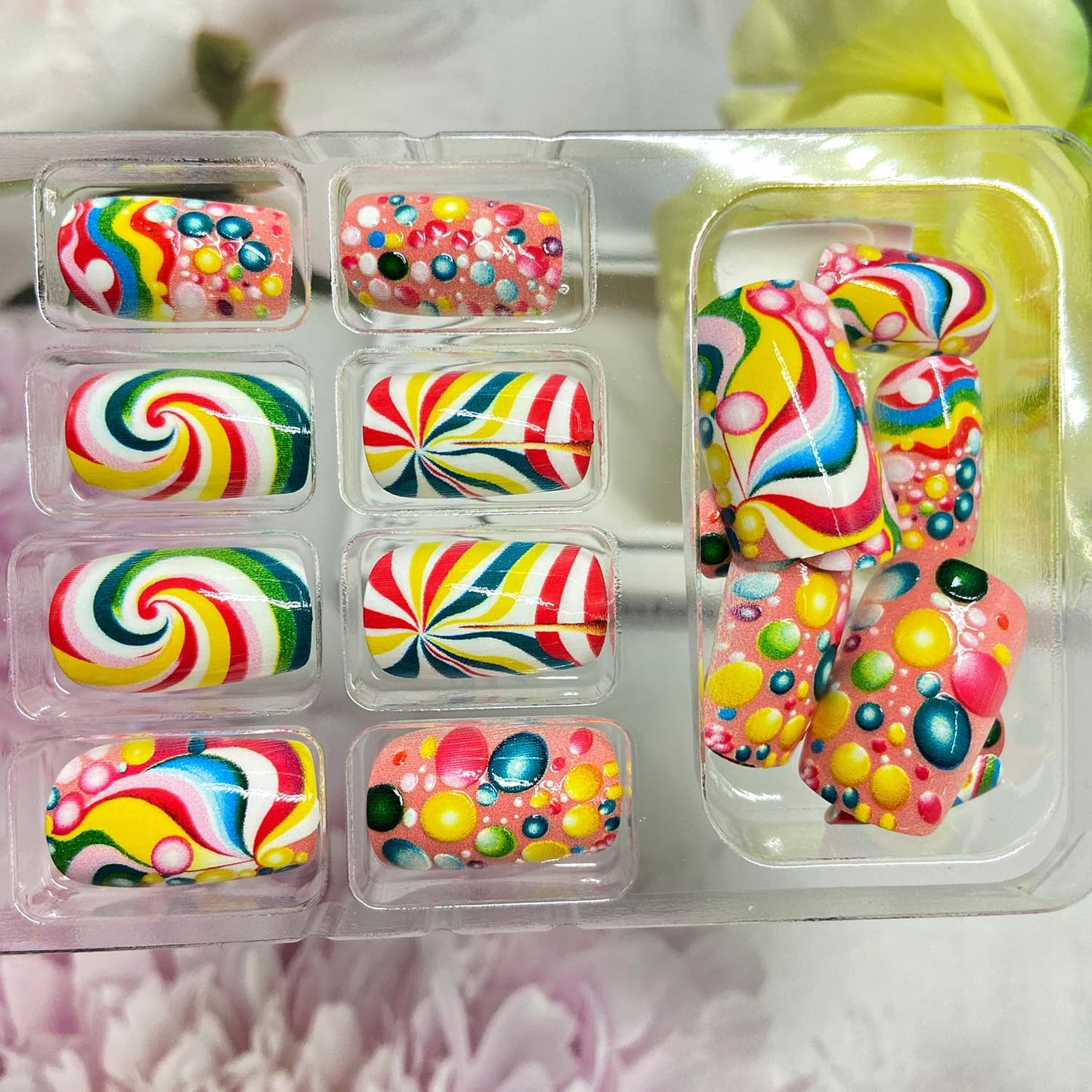 Rainbow Press on Nails Medium Square Fake Nails with Colorful Swirl Candy Design Cute False Nail Full Cover Reusable Stick on Nail for Women 24Pcs