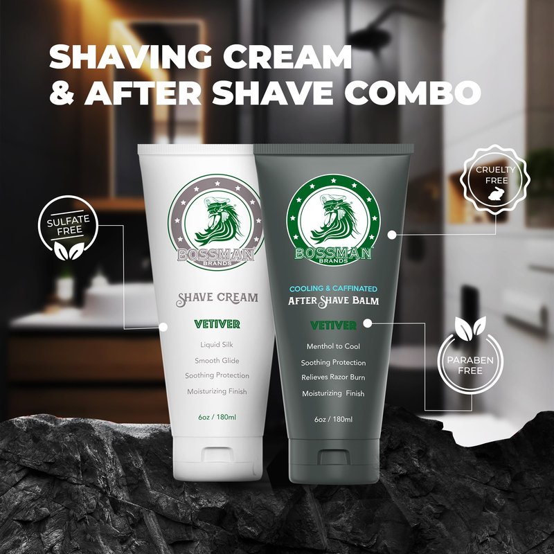 Bossman Silk Lotion Shaving Cream & Cooling After Shave for Men Combo – Shave Cream & After Shave Balm for Men (Vetiver X Scent)