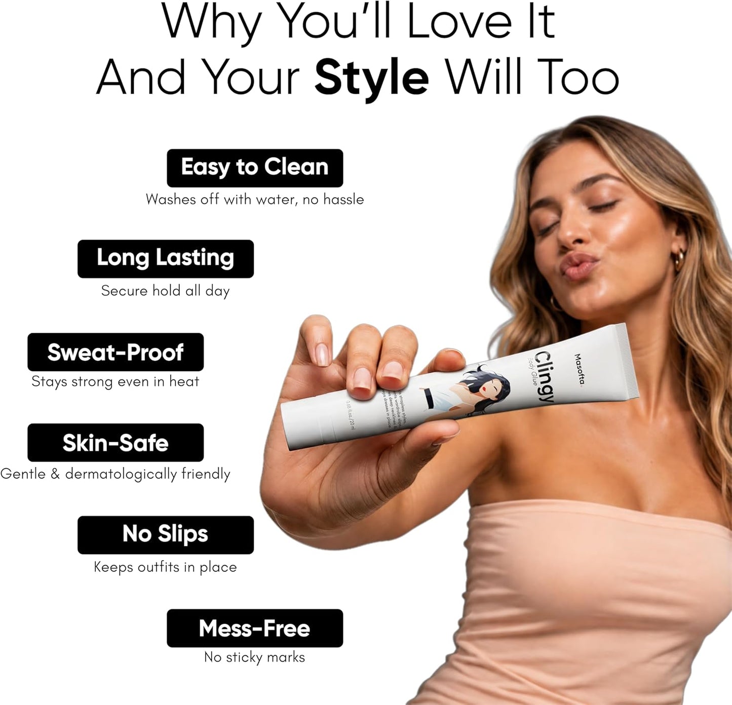 Body Glue for Clothes & Skin - Sweat-Resistant Liquid Fashion Tape | Non-Irritating Adhesive for Strapless Dresses, Bras, & Wigs | 20ml