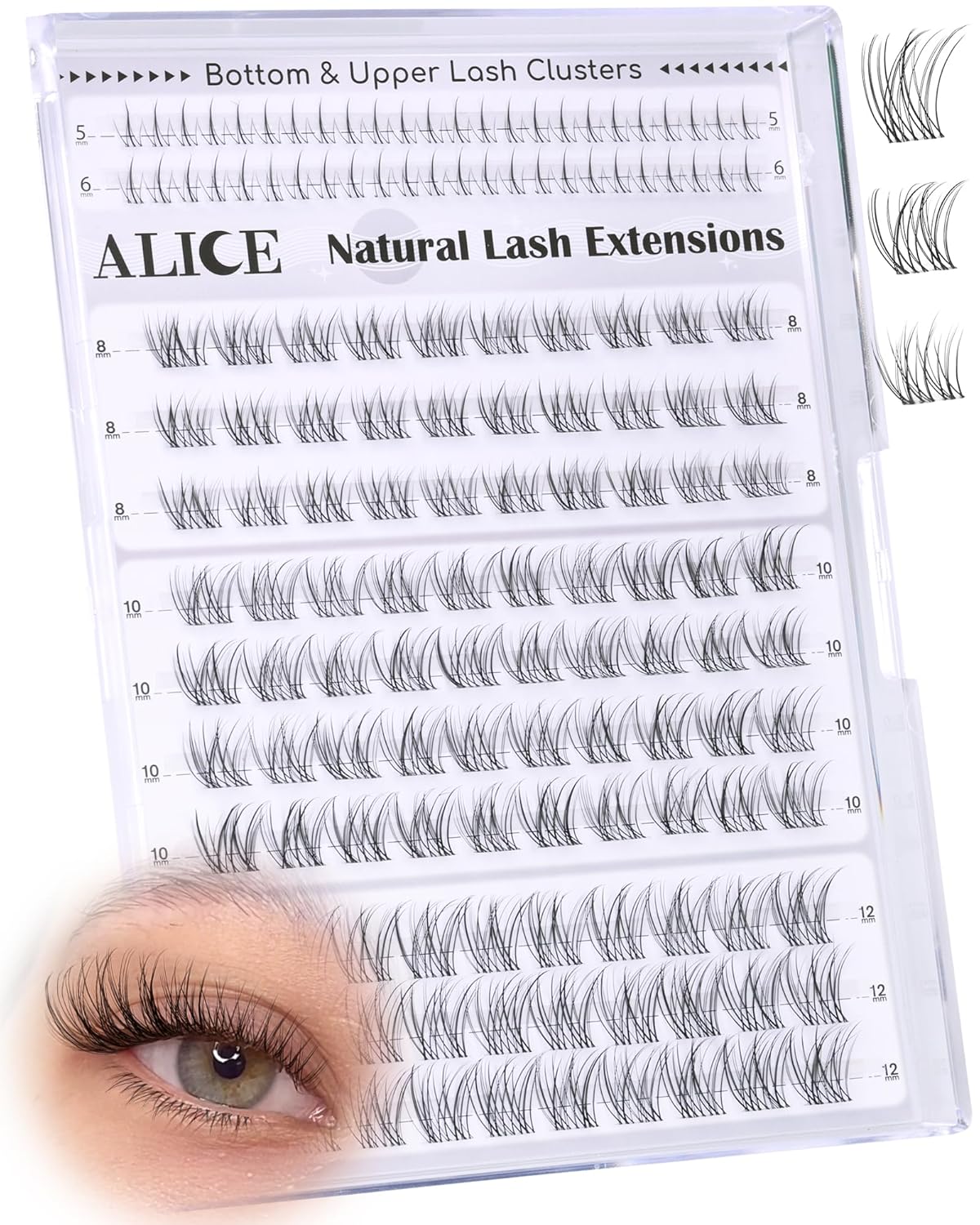 Eyelash Clusters - Natural Short Wispy Extensions 8-12mm | Individual Lashes with Clear Band & 5-6mm Bottom Lashes