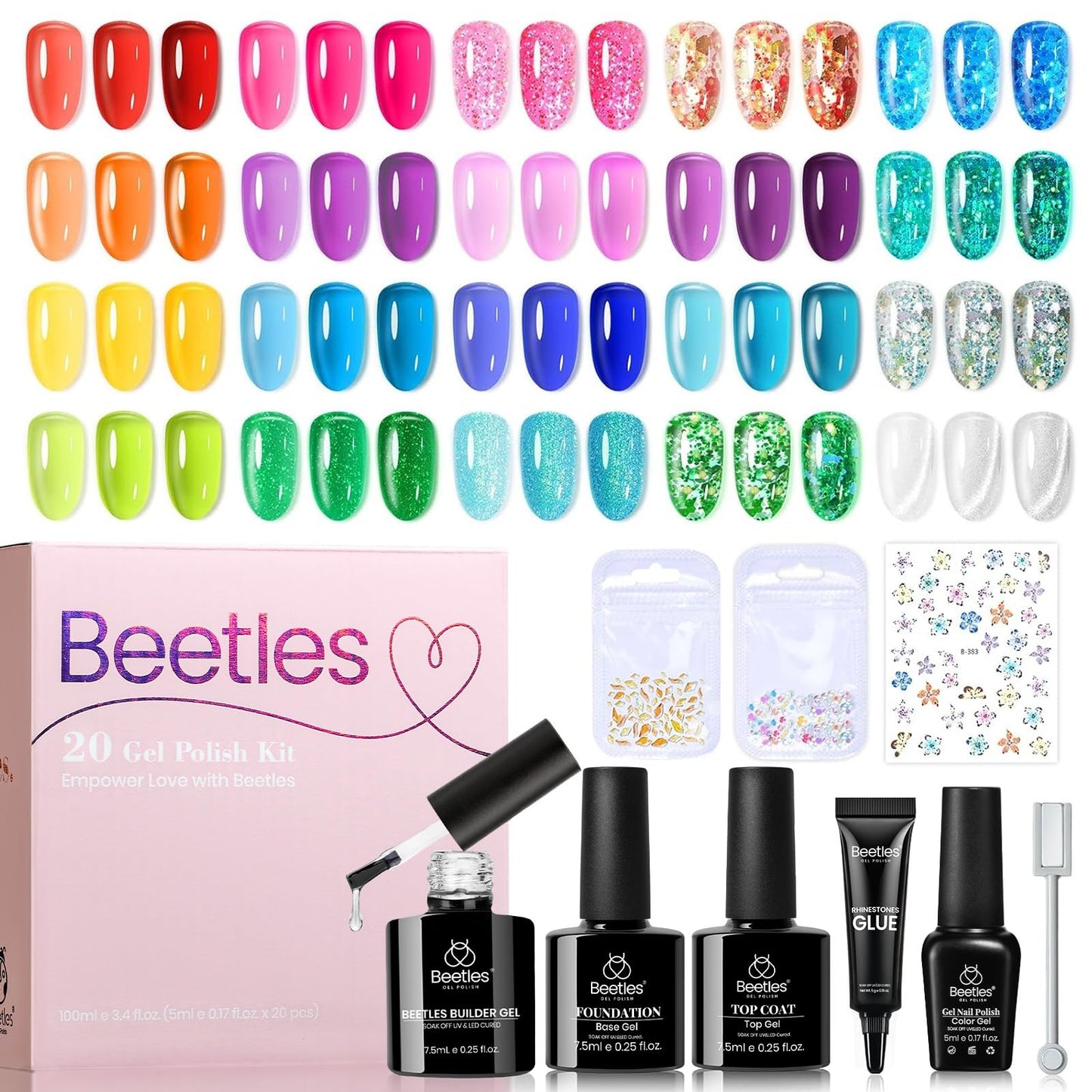 Beetles Jelly Gel Nail Polish Set - 20 Colors Summer Neon Rainbow Pink Yellow Purple Glitter Gel, Soak Off UV LED Gel Nail Kit with Base Matte Top Coat DIY Nail Art Gift for Women