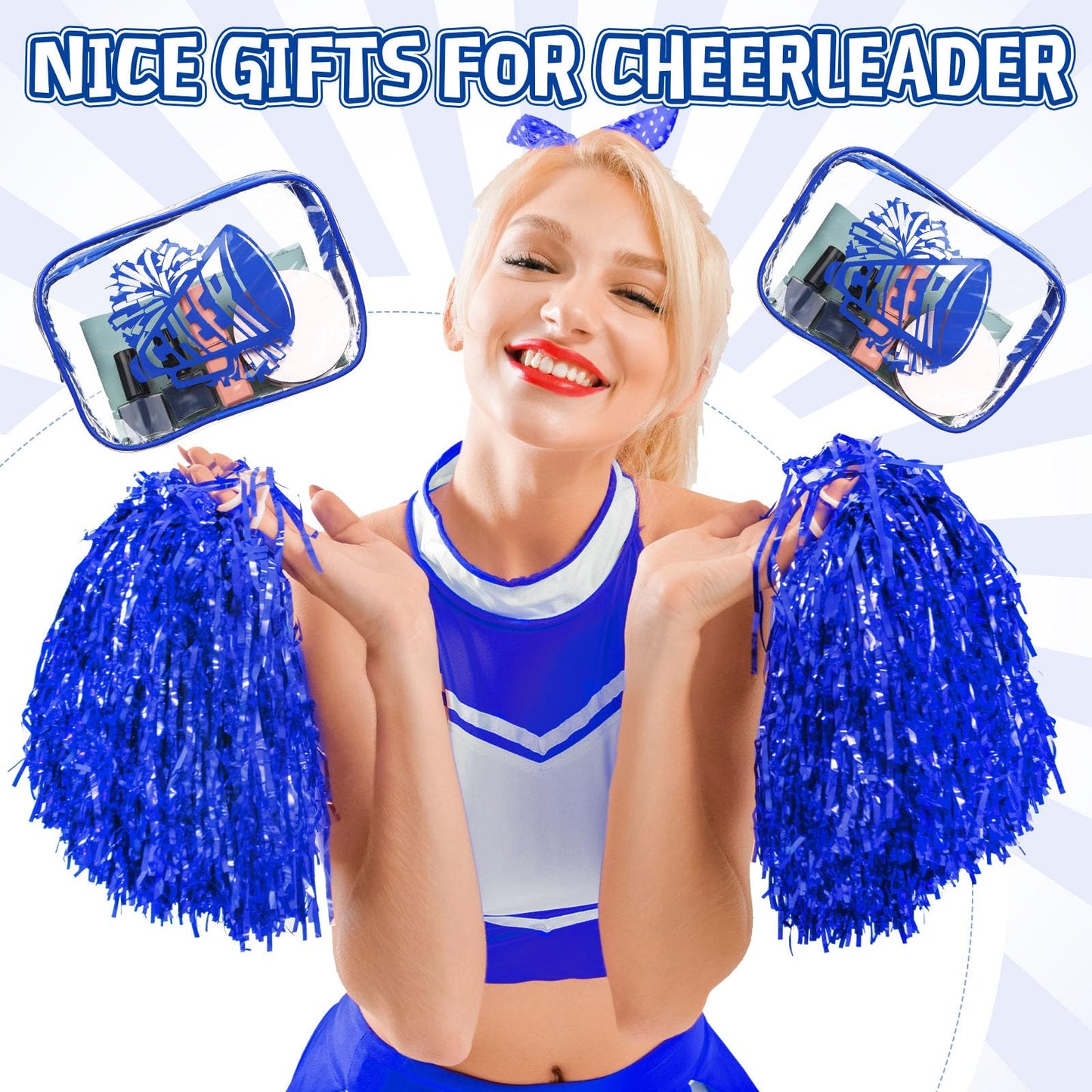 Kacctyen 24 Pcs Cheer Team Gifts Cheer Makeup Bag Bulk for Team Sport Gifts PVC Clear Cosmetic Bag Cheerleader Makeup Case Toiletry Zipper Pouch for Sport Cheerleading, 7x4.7x2.4''(Blue)