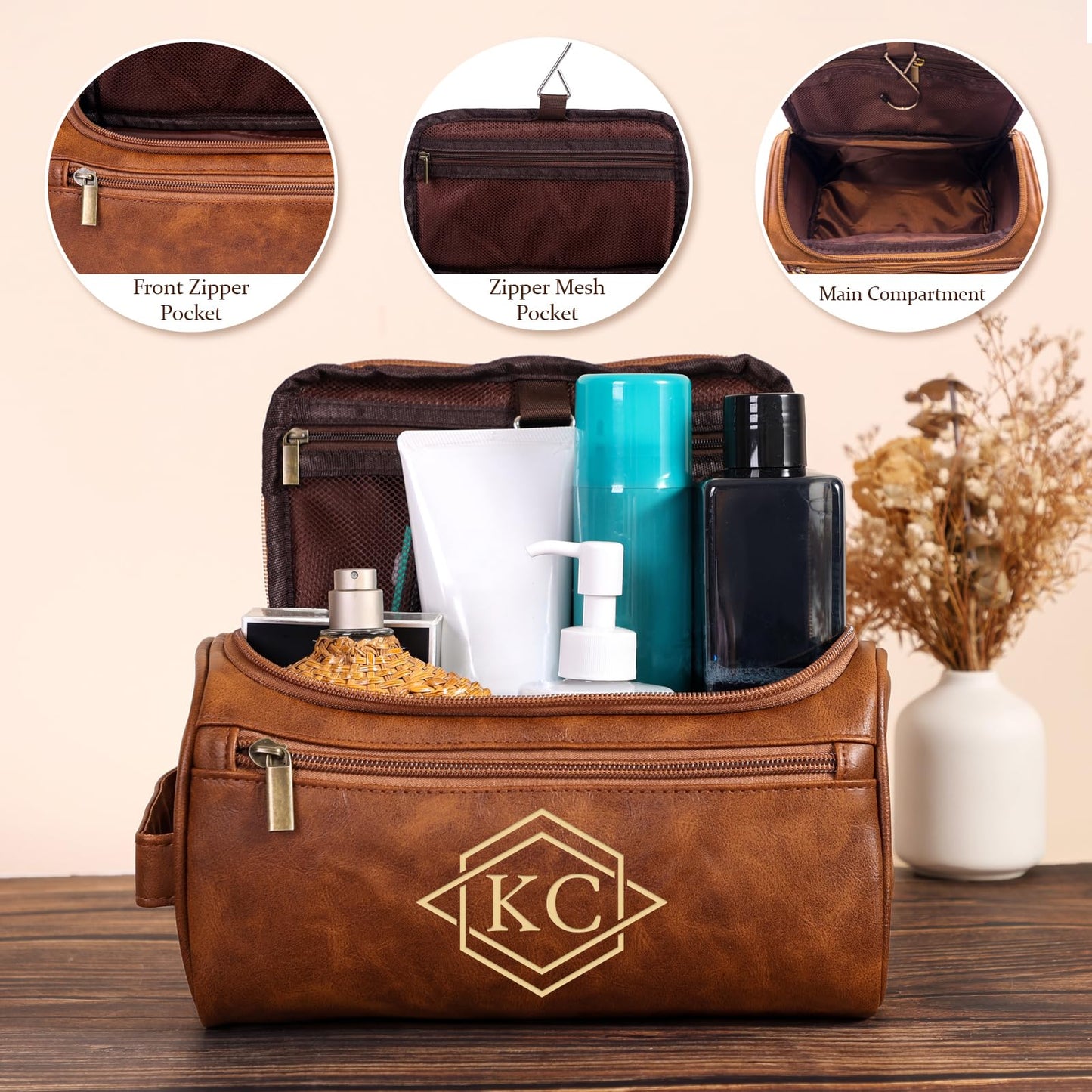 Seozata Personalized Leather Toiletry Bag for Men, Custom Engraved Travel Dopp Kit Bag, Customized Name Initials Gift for Groomsmen, Best Man, Father's Day, Wedding, Birthday, Husband, Grandpa