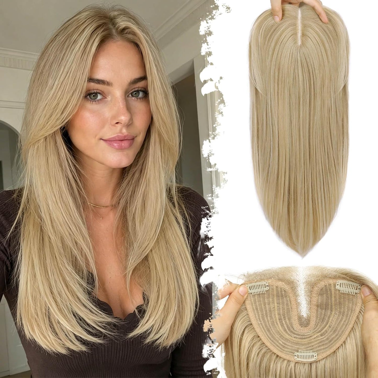 Ash Blonde Synthetic Hair Toppers with Platinum Highlights - 18" Long, 5x6" Base for Thinning Hair, Clip-In Wispy Bangs