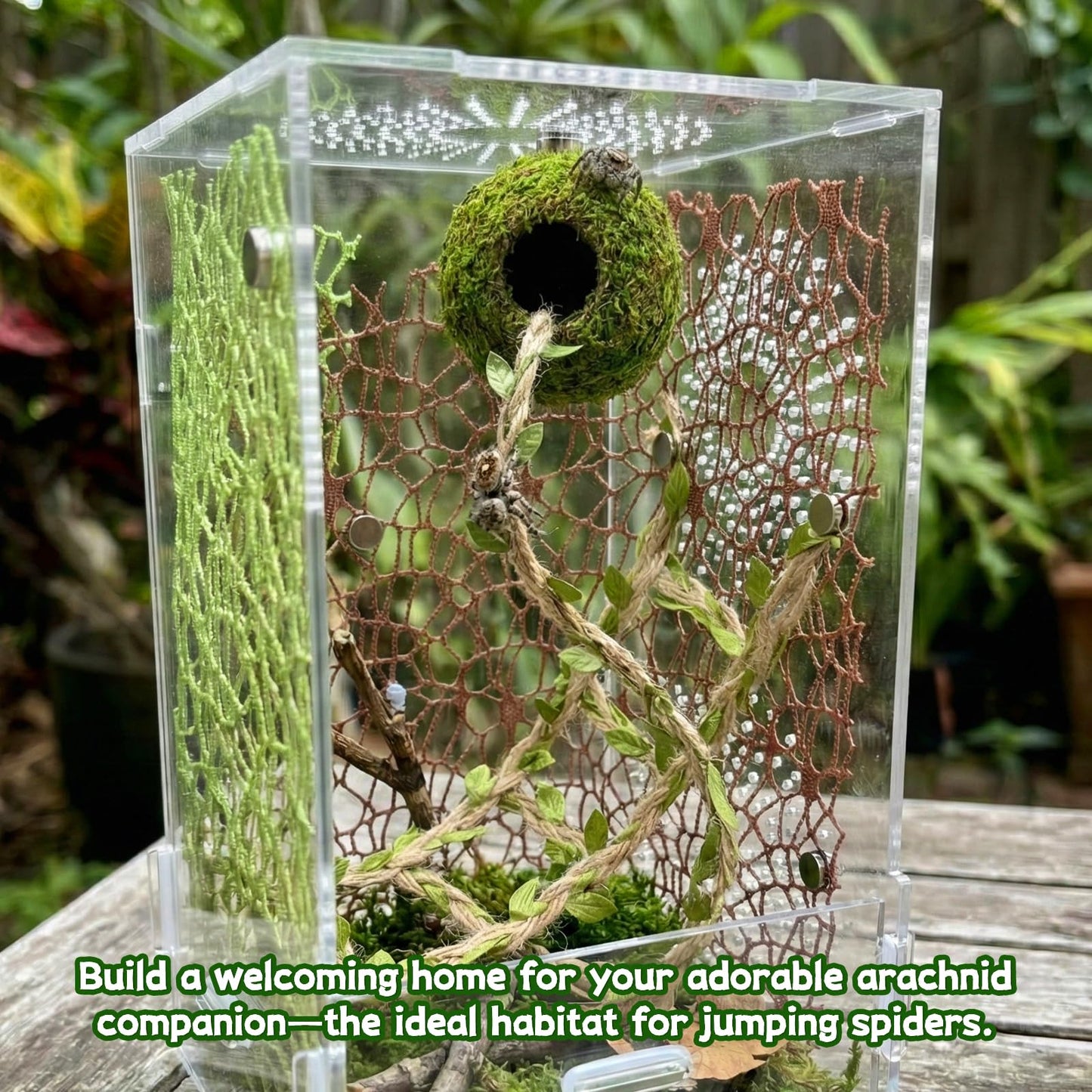 Magnetic Jumping Spider Hideout,Habitat Décor Kit - Handmade Moss Hideout with Climbing Rope,Hemp Rope Bridge,2Pcs Climbing Web& Loose Moss,Fun Enclosure Accessories for Climbing & Hiding (4.5cm)